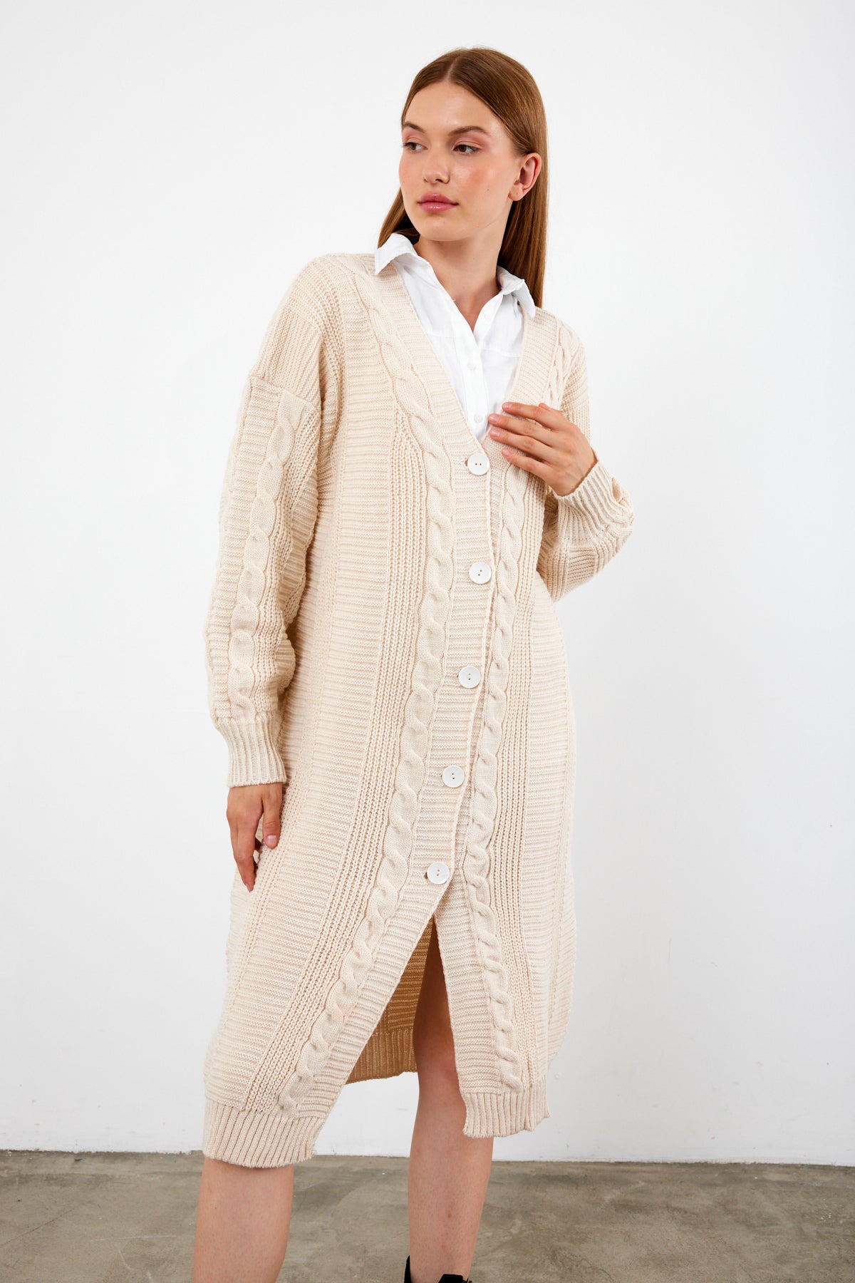 Long Length Knit Cardigan Knit Detailed Duster Solid Color - SKU: 3670