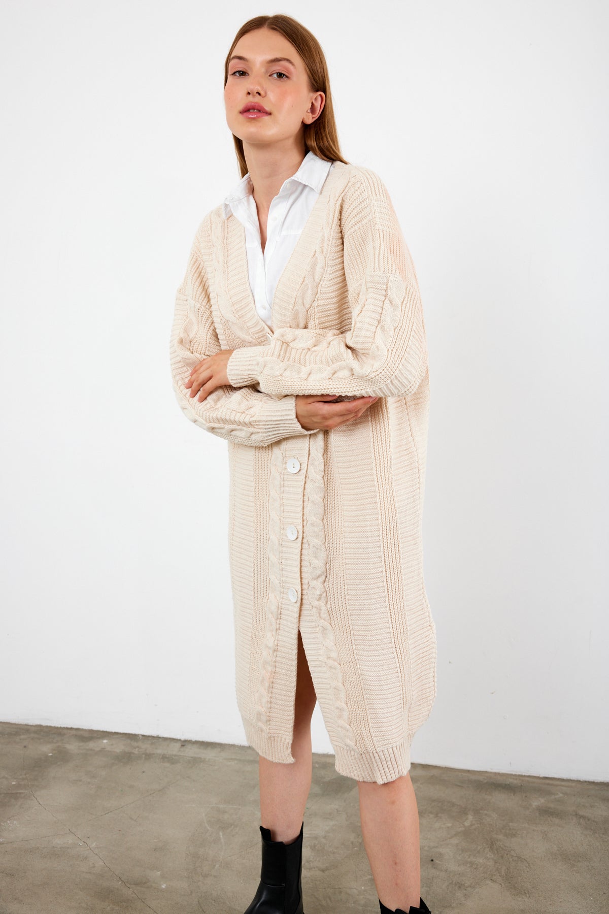 Long Length Knit Cardigan Knit Detailed Duster Solid Color - SKU: 3670