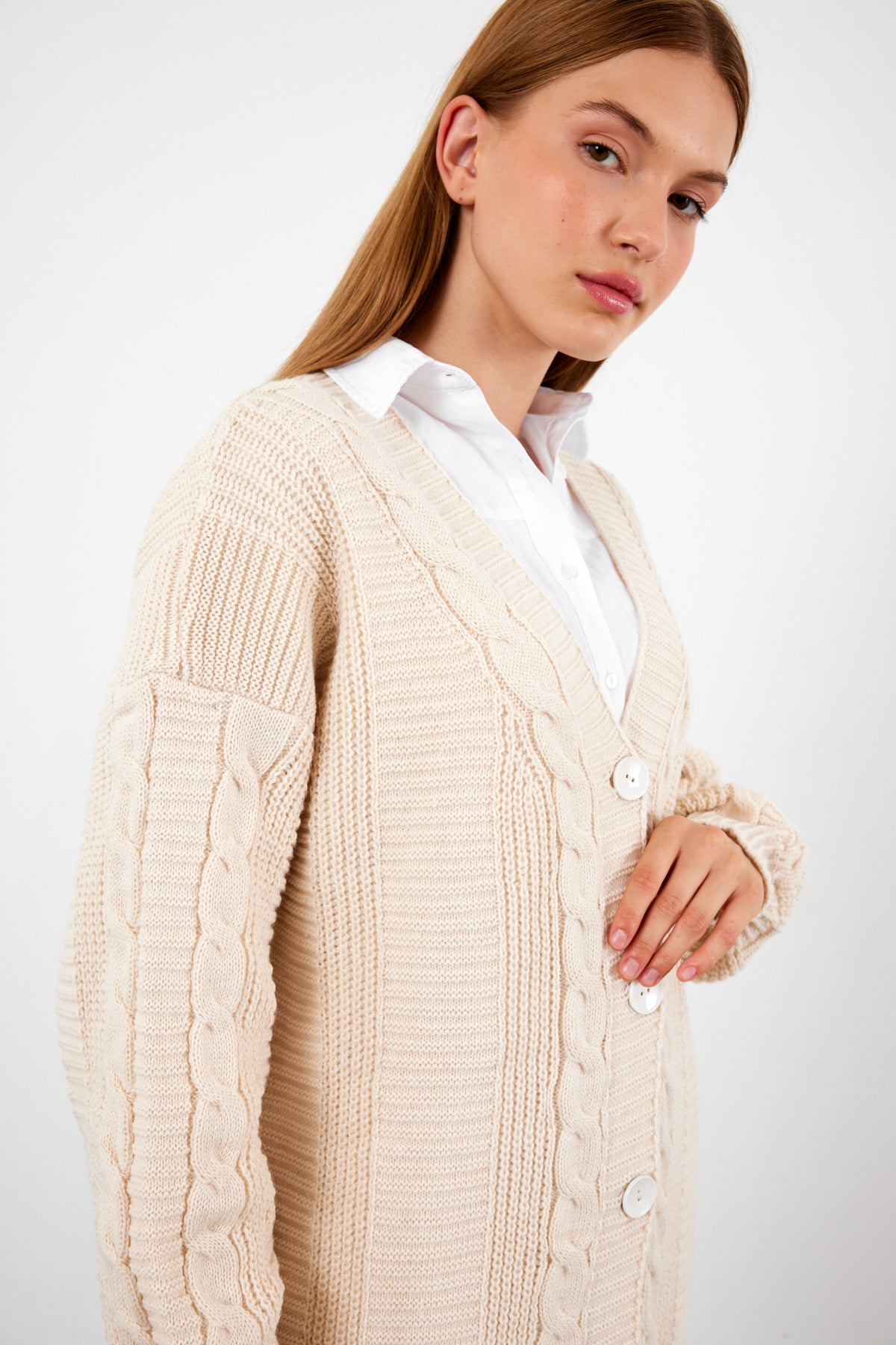 Long Length Knit Cardigan Knit Detailed Duster Solid Color - SKU: 3670