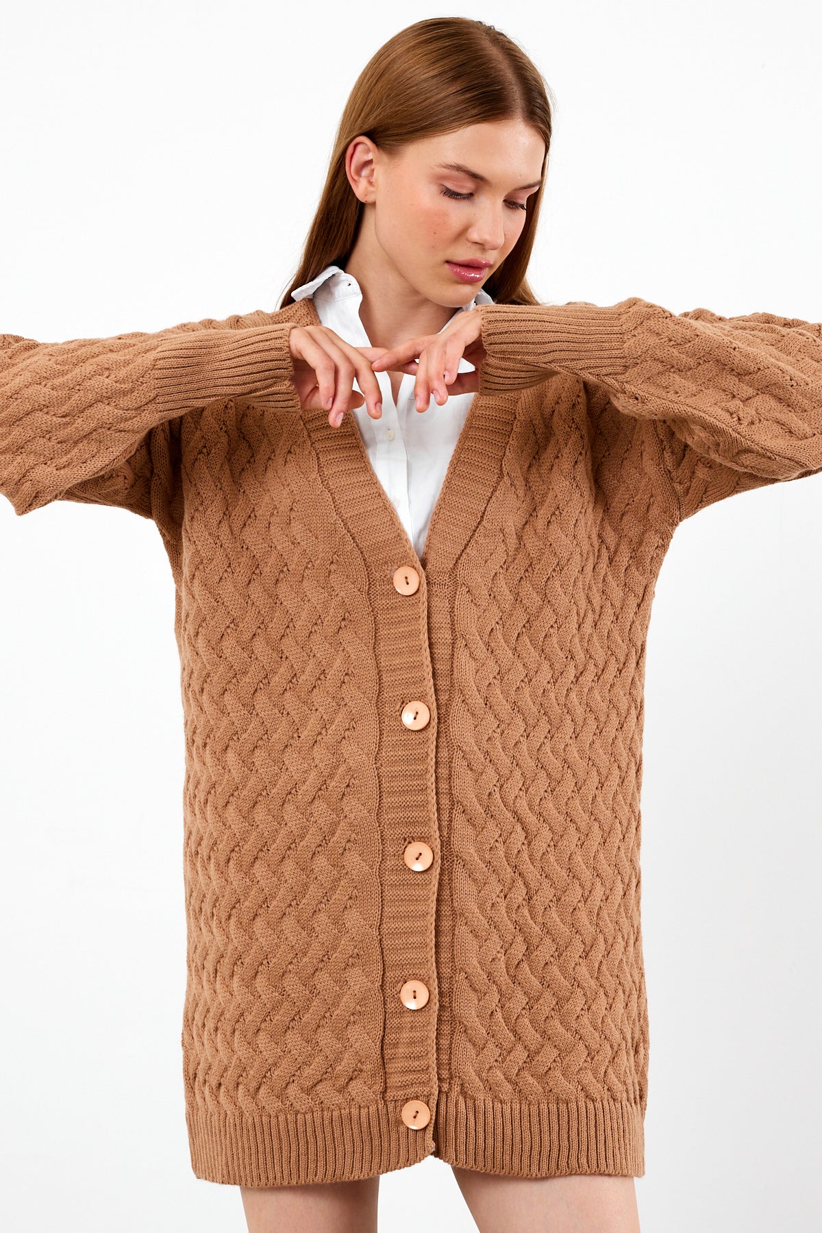Mid Length Knit Cardigan Detailed- SKU: 3690