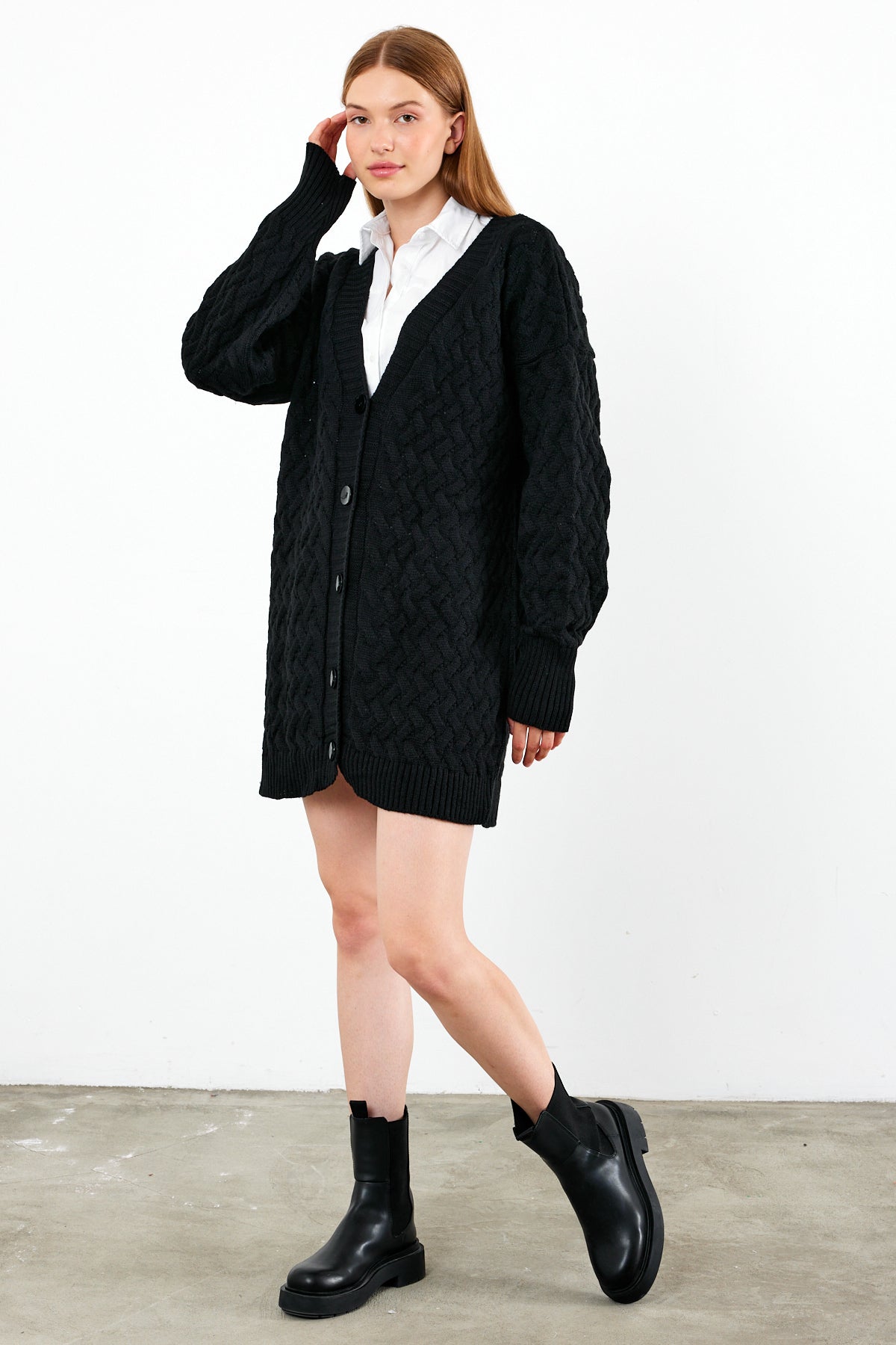 Mid Length Knit Cardigan Detailed- SKU: 3690