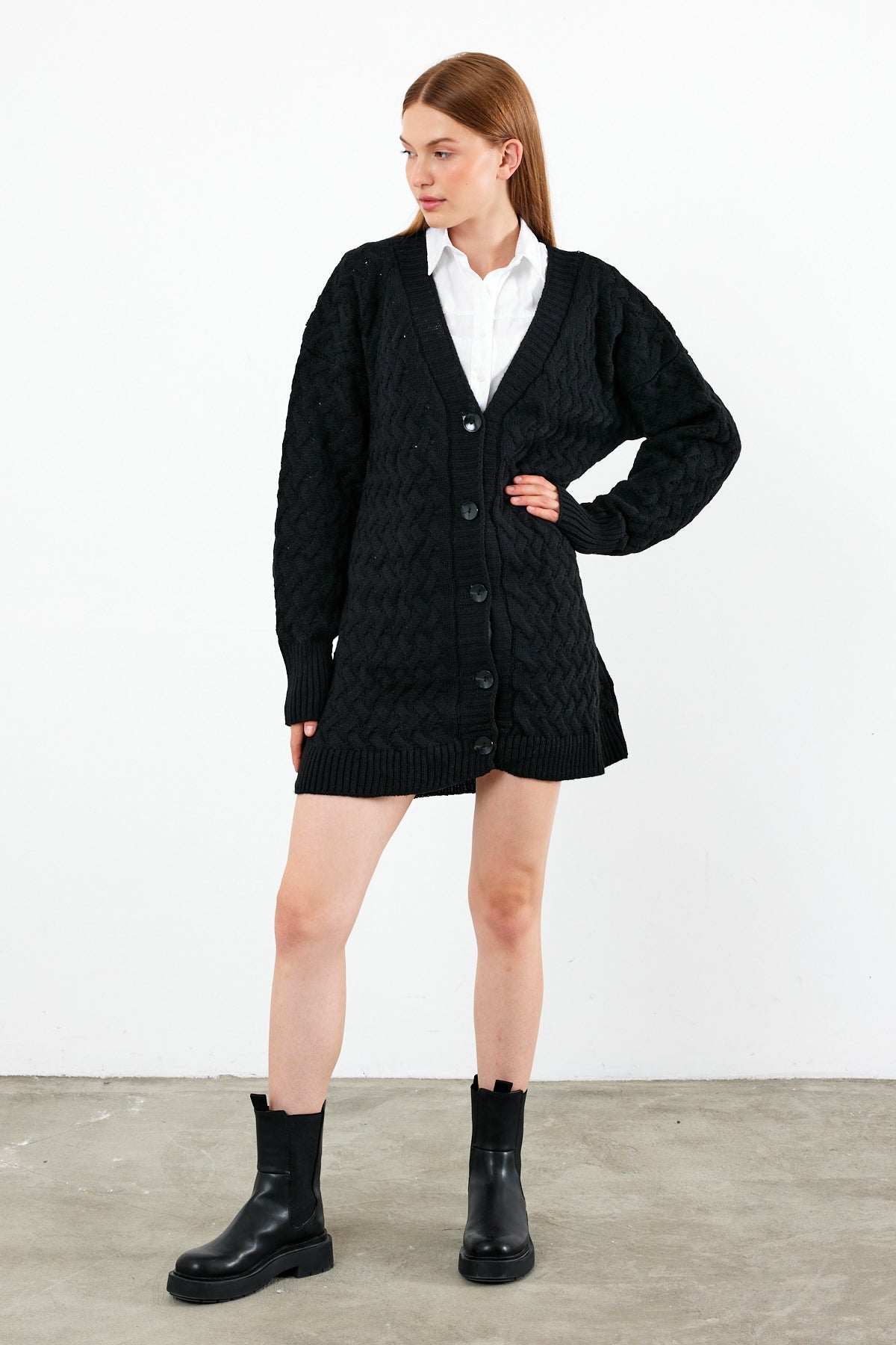 Mid Length Knit Cardigan Detailed- SKU: 3690