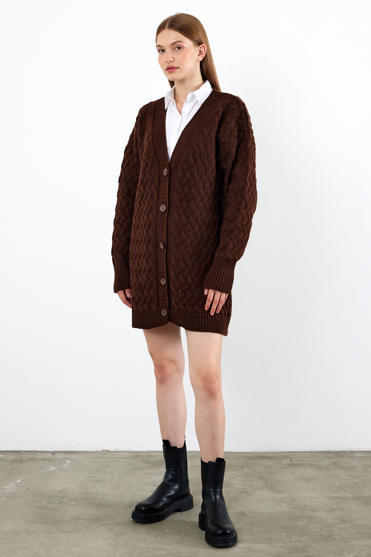 Mid Length Knit Cardigan Detailed- SKU: 3690