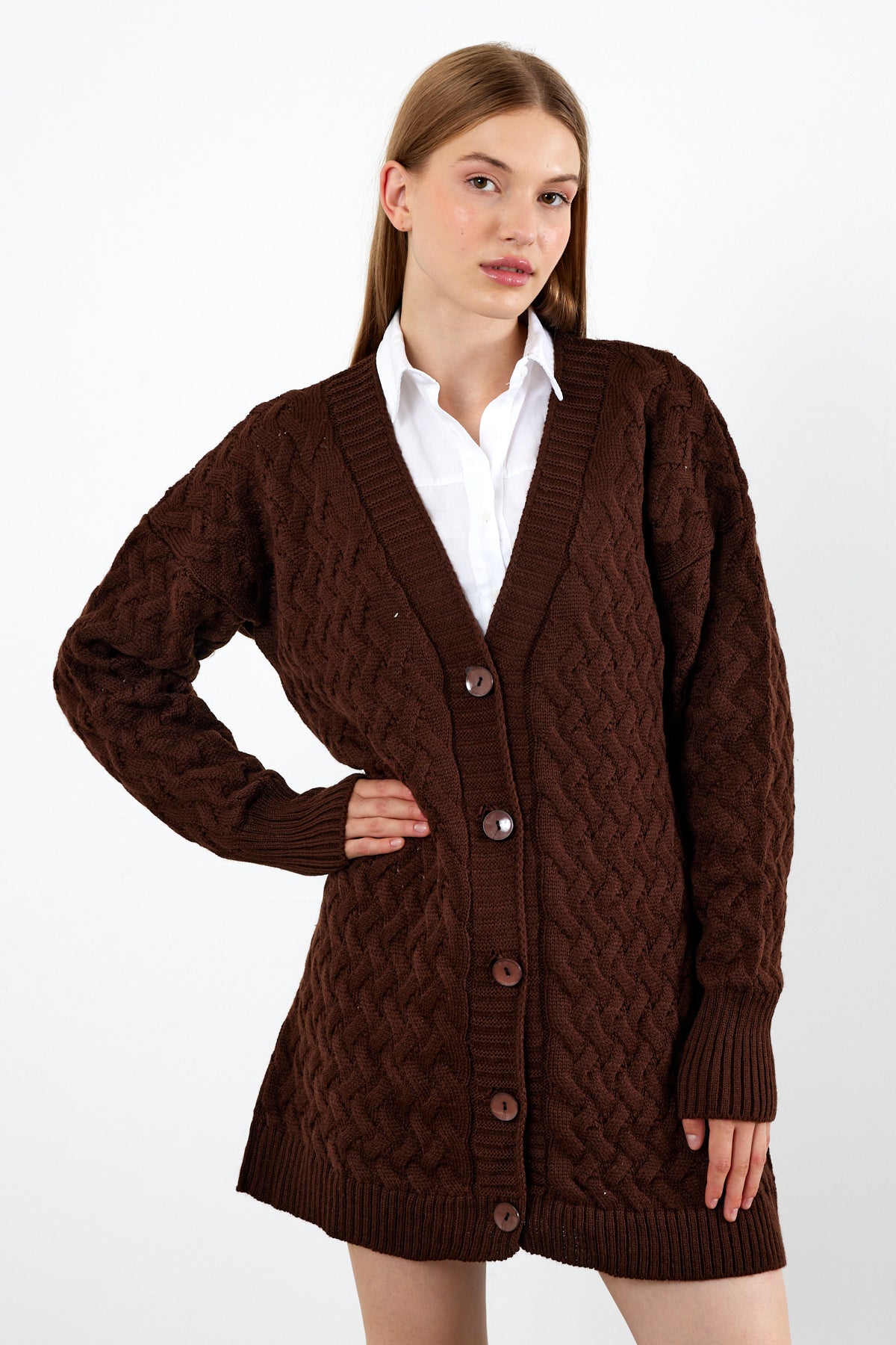 Mid Length Knit Cardigan Detailed- SKU: 3690
