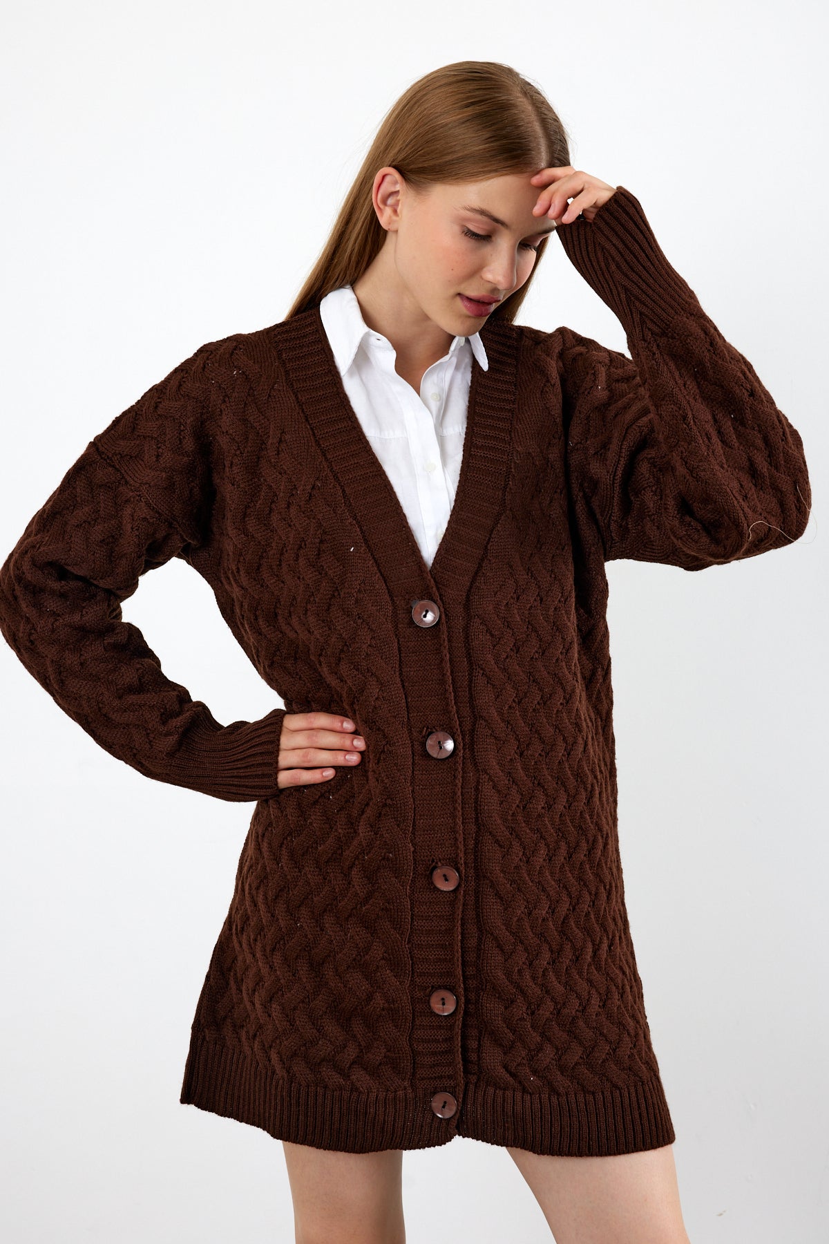 Mid Length Knit Cardigan Detailed- SKU: 3690