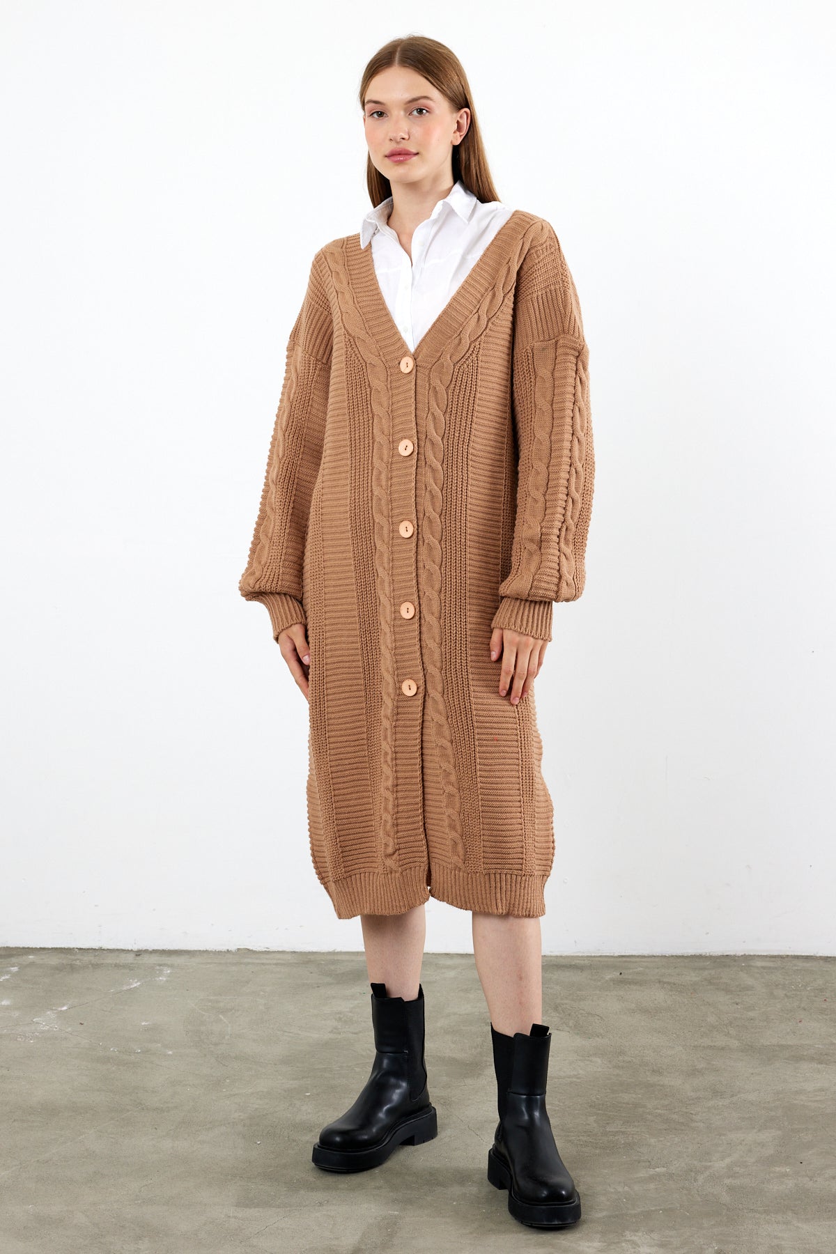 Long Length Knit Cardigan Knit Detailed Duster Solid Color - SKU: 3670