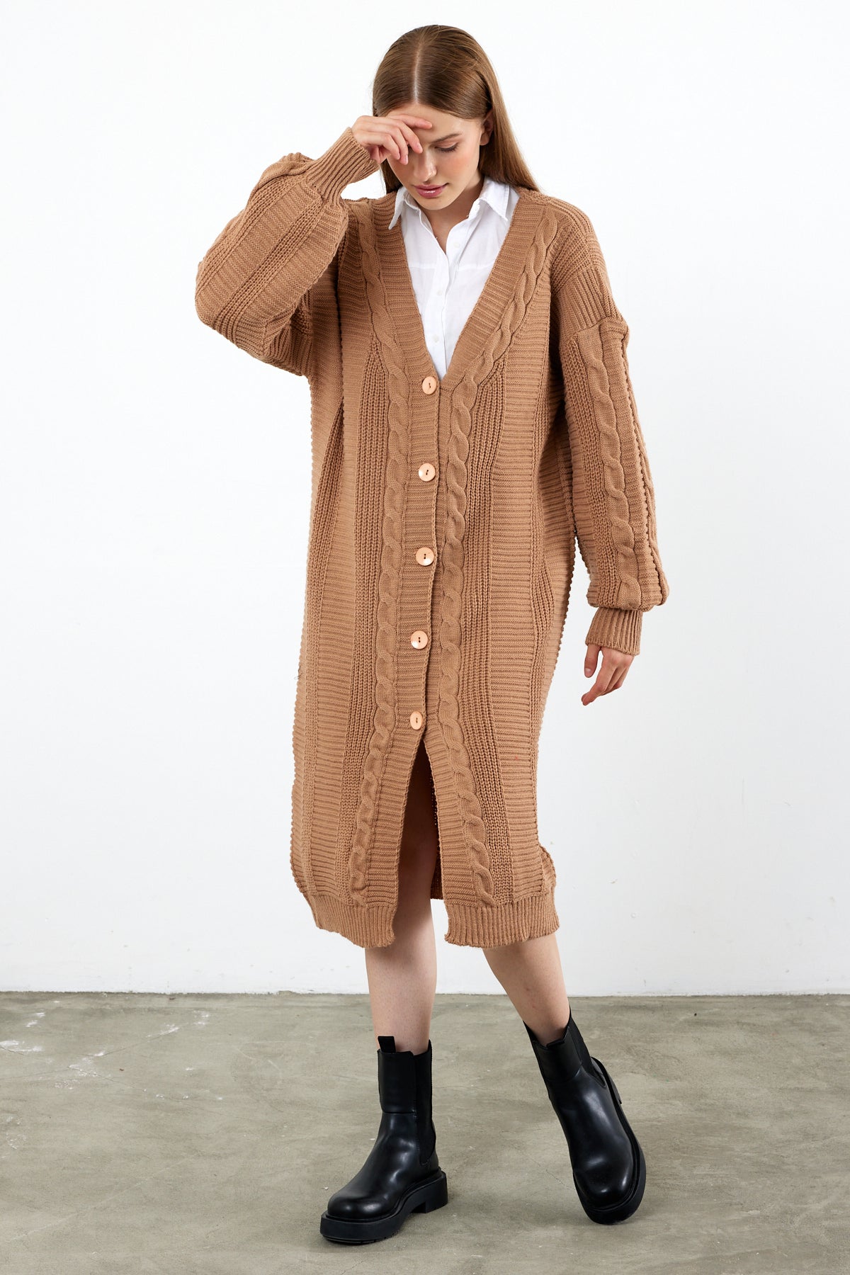 Long Length Knit Cardigan Knit Detailed Duster Solid Color - SKU: 3670
