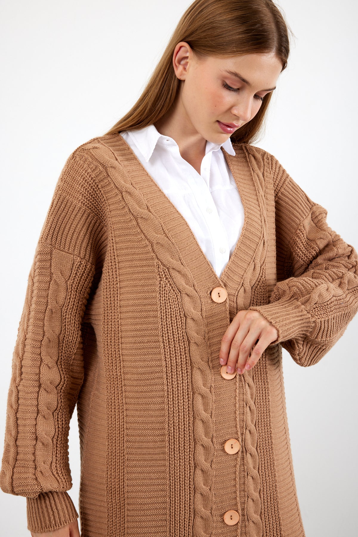 Long Length Knit Cardigan Knit Detailed Duster Solid Color - SKU: 3670