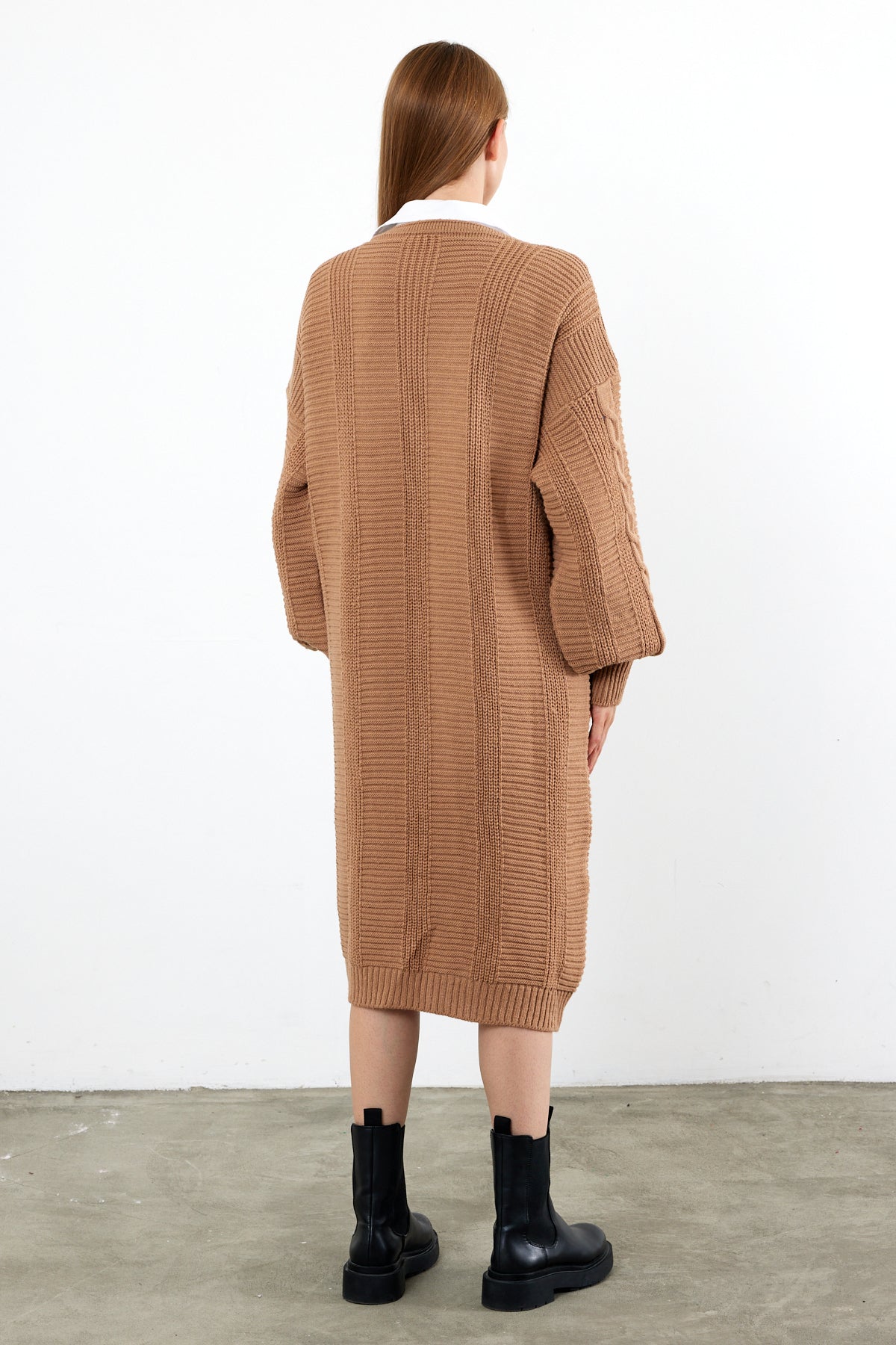 Long Length Knit Cardigan Knit Detailed Duster Solid Color - SKU: 3670