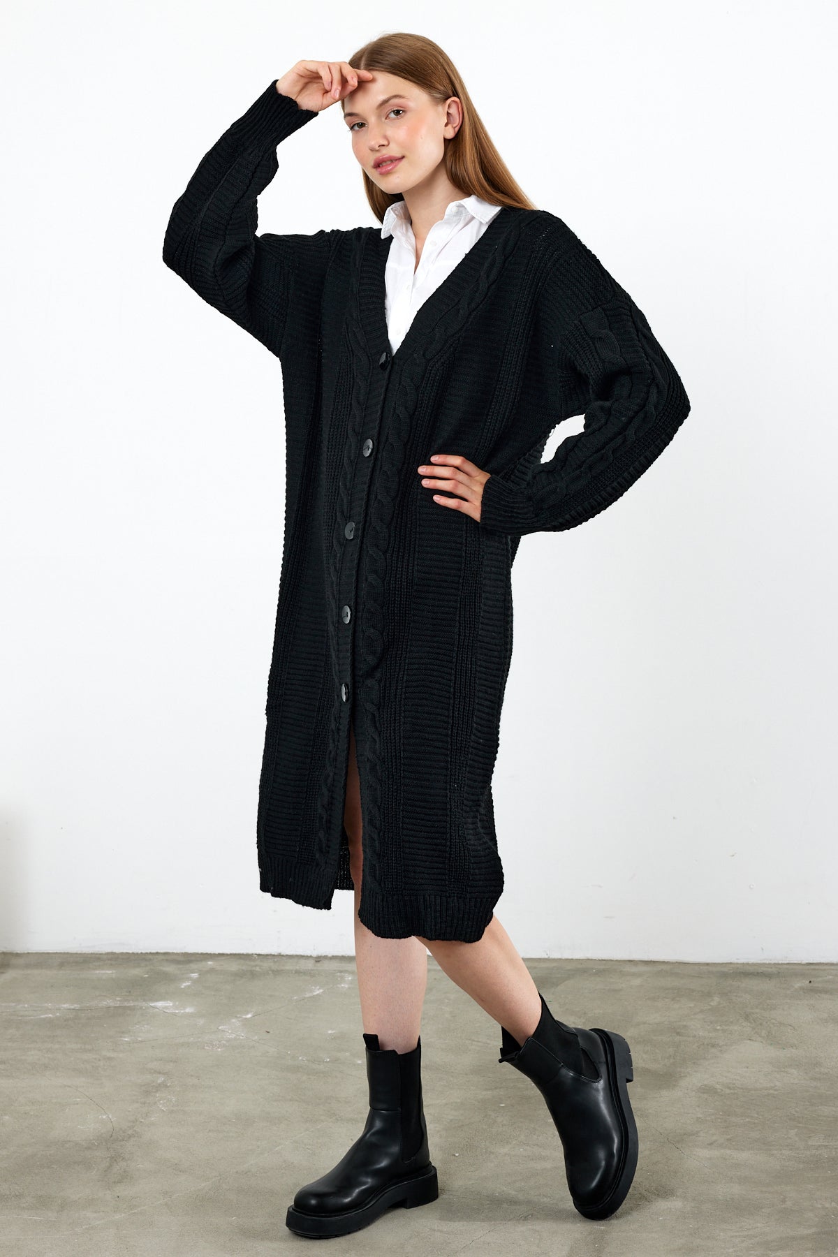 Long Length Knit Cardigan Knit Detailed Duster Solid Color - SKU: 3670