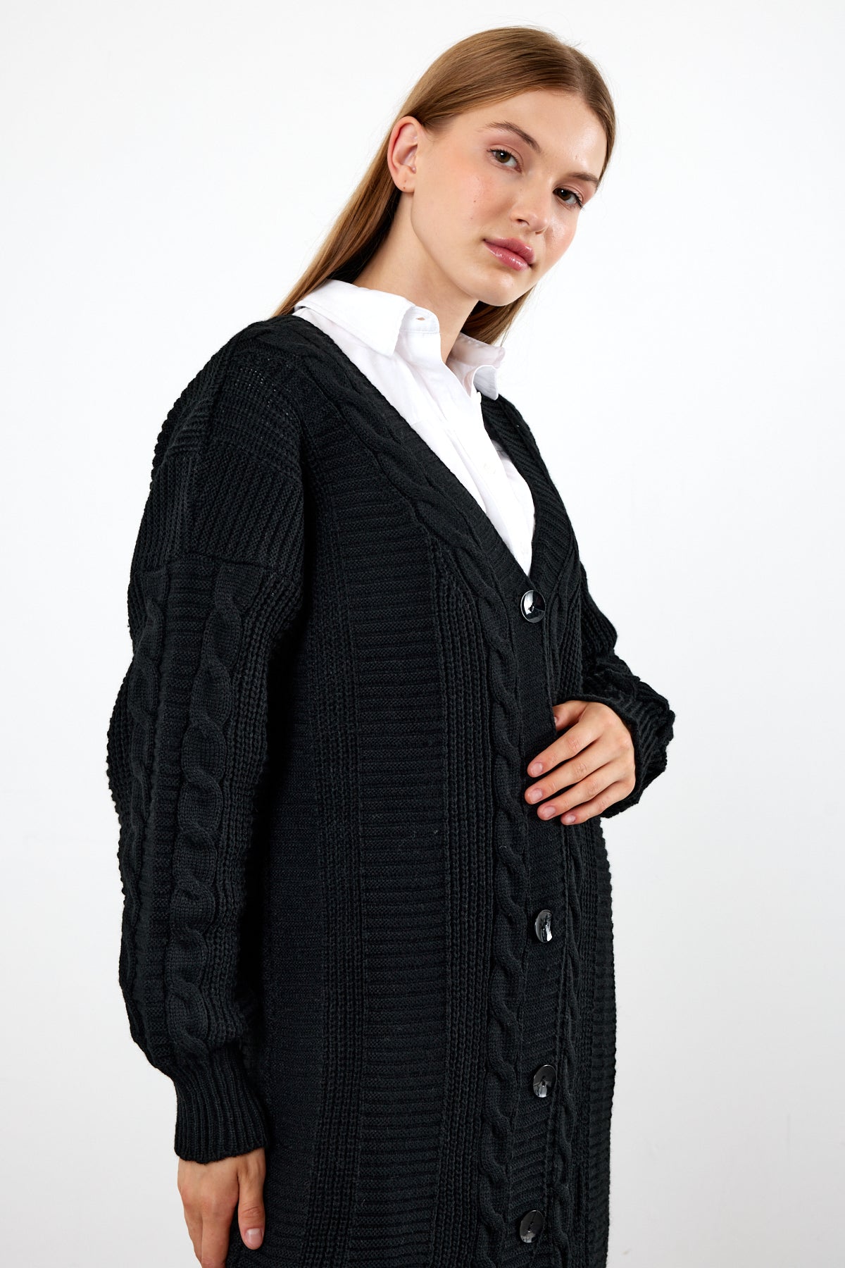 Long Length Knit Cardigan Knit Detailed Duster Solid Color - SKU: 3670