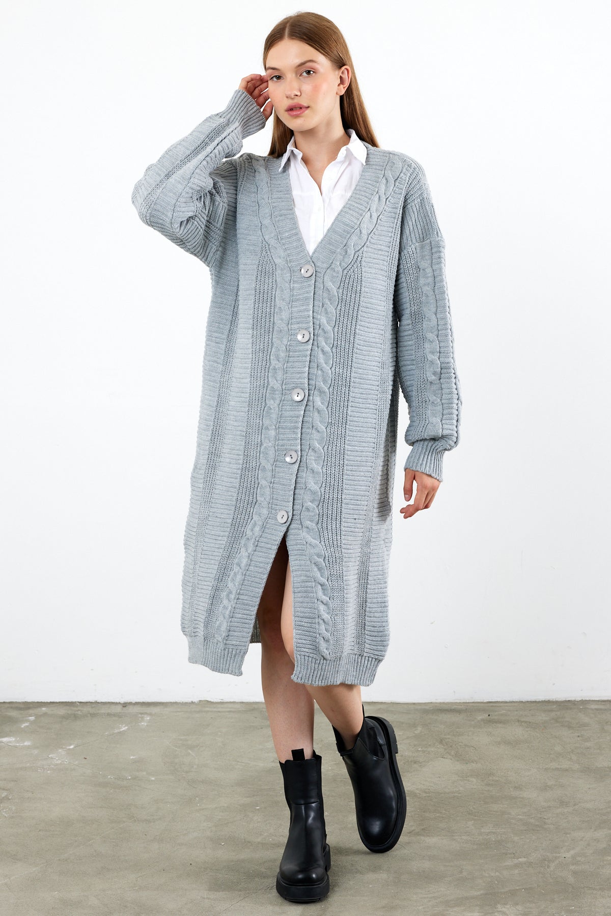 Long Length Knit Cardigan Knit Detailed Duster Solid Color - SKU: 3670