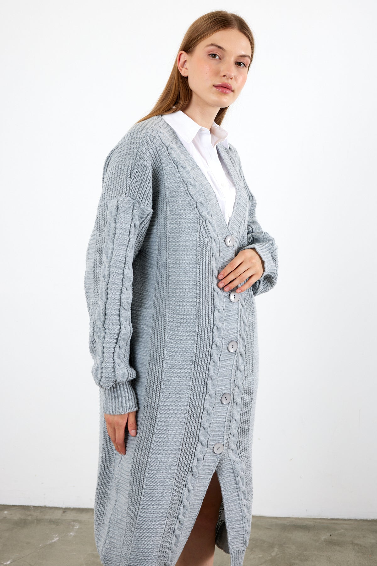 Long Length Knit Cardigan Knit Detailed Duster Solid Color - SKU: 3670