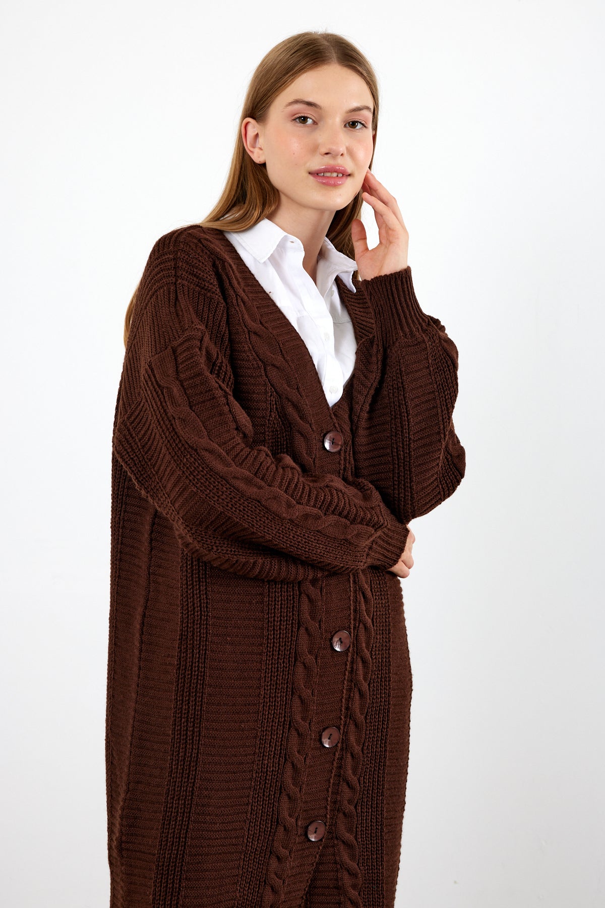 Long Length Knit Cardigan Knit Detailed Duster Solid Color - SKU: 3670