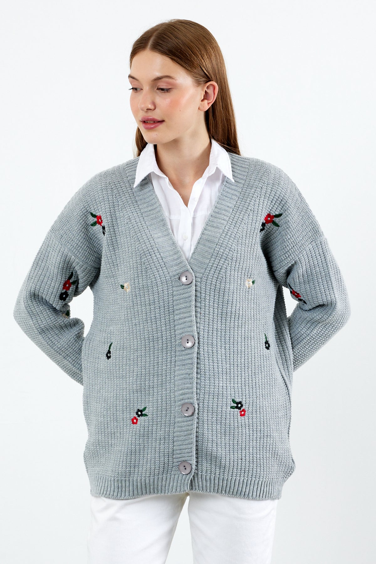 Middle Length Knit Cardigan Flower Embroidery Detailed - SKU: 3830