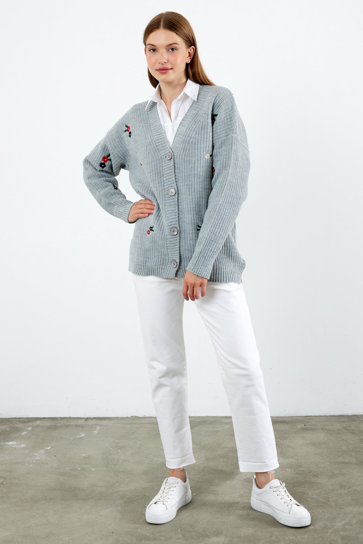 Middle Length Knit Cardigan Flower Embroidery Detailed - SKU: 3830