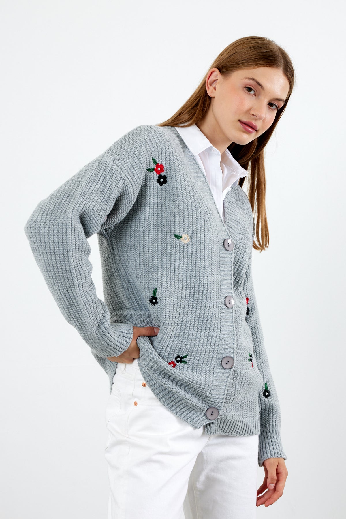 Middle Length Knit Cardigan Flower Embroidery Detailed - SKU: 3830