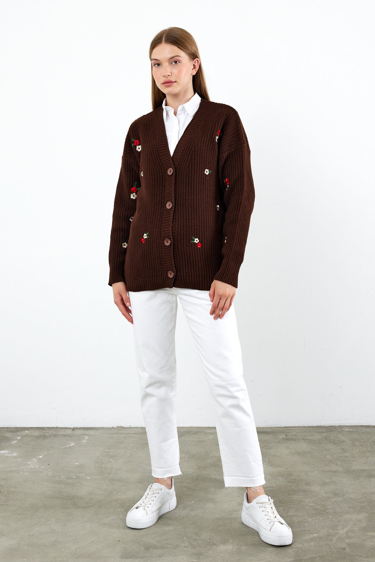 Middle Length Knit Cardigan Flower Embroidery Detailed - SKU: 3830