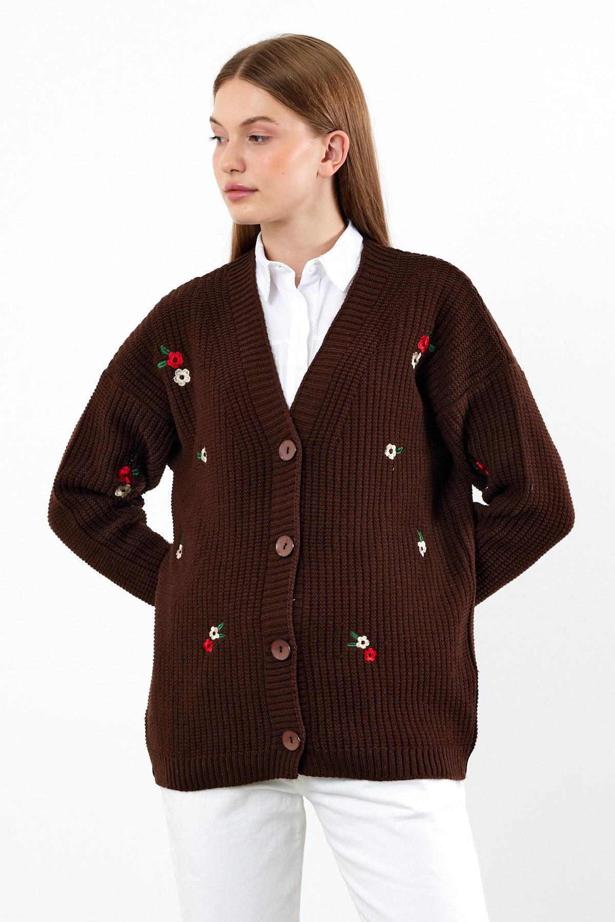 Middle Length Knit Cardigan Flower Embroidery Detailed - SKU: 3830