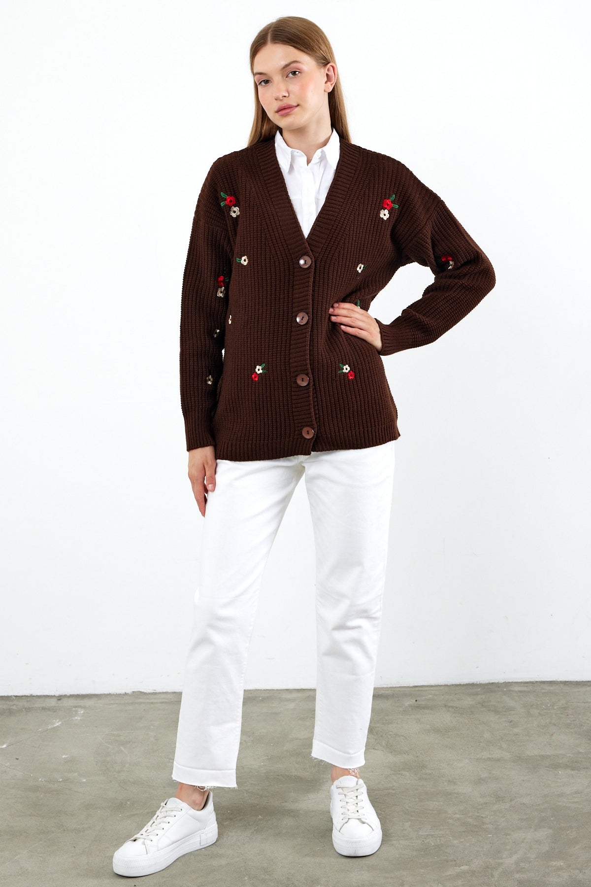 Middle Length Knit Cardigan Flower Embroidery Detailed - SKU: 3830