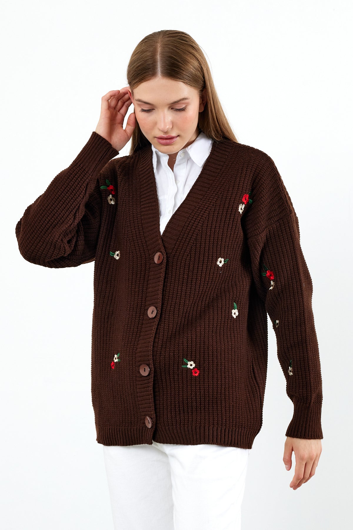 Middle Length Knit Cardigan Flower Embroidery Detailed - SKU: 3830