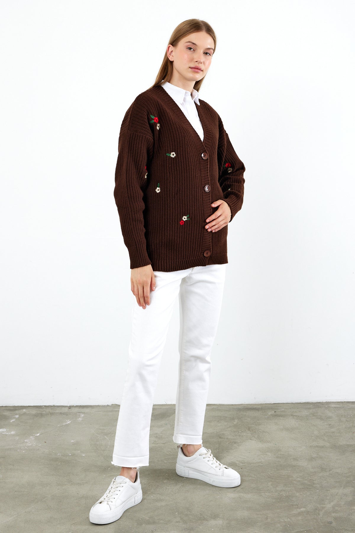 Middle Length Knit Cardigan Flower Embroidery Detailed - SKU: 3830