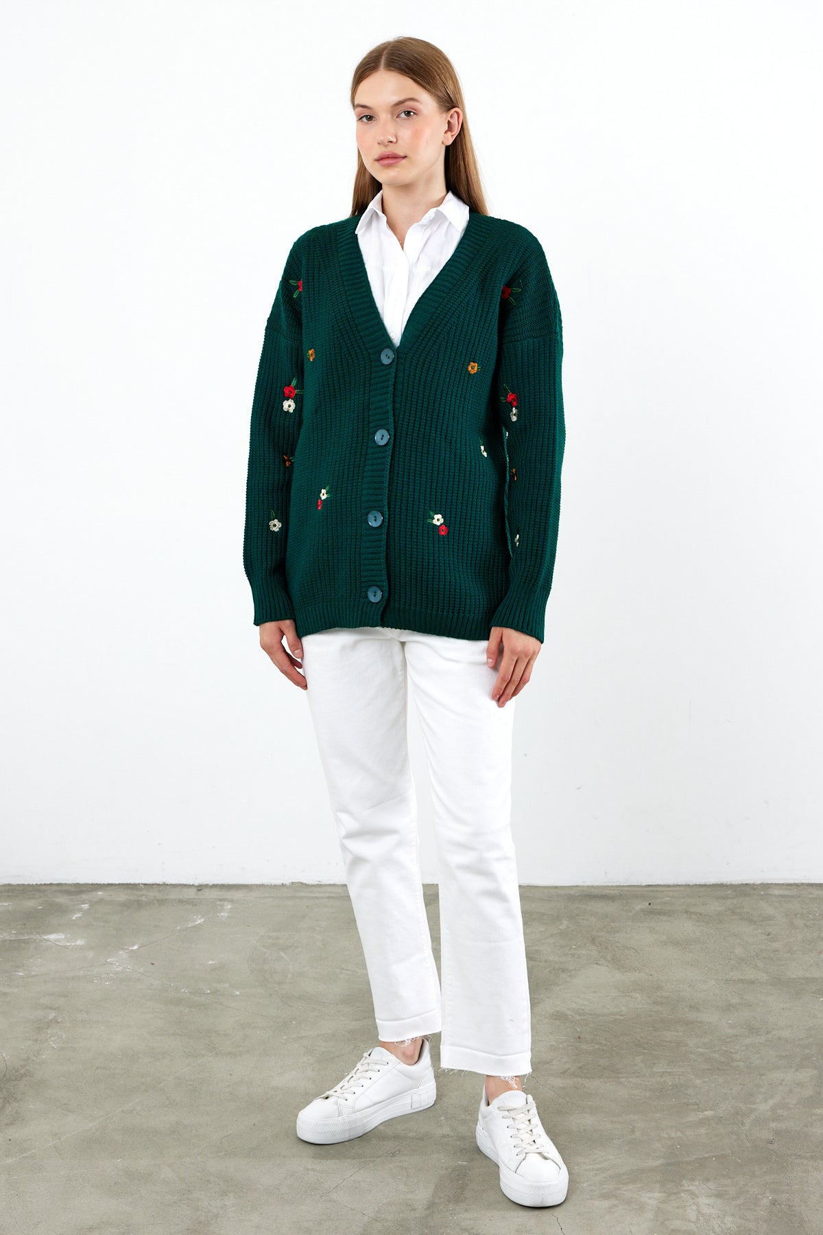 Middle Length Knit Cardigan Flower Embroidery Detailed - SKU: 3830