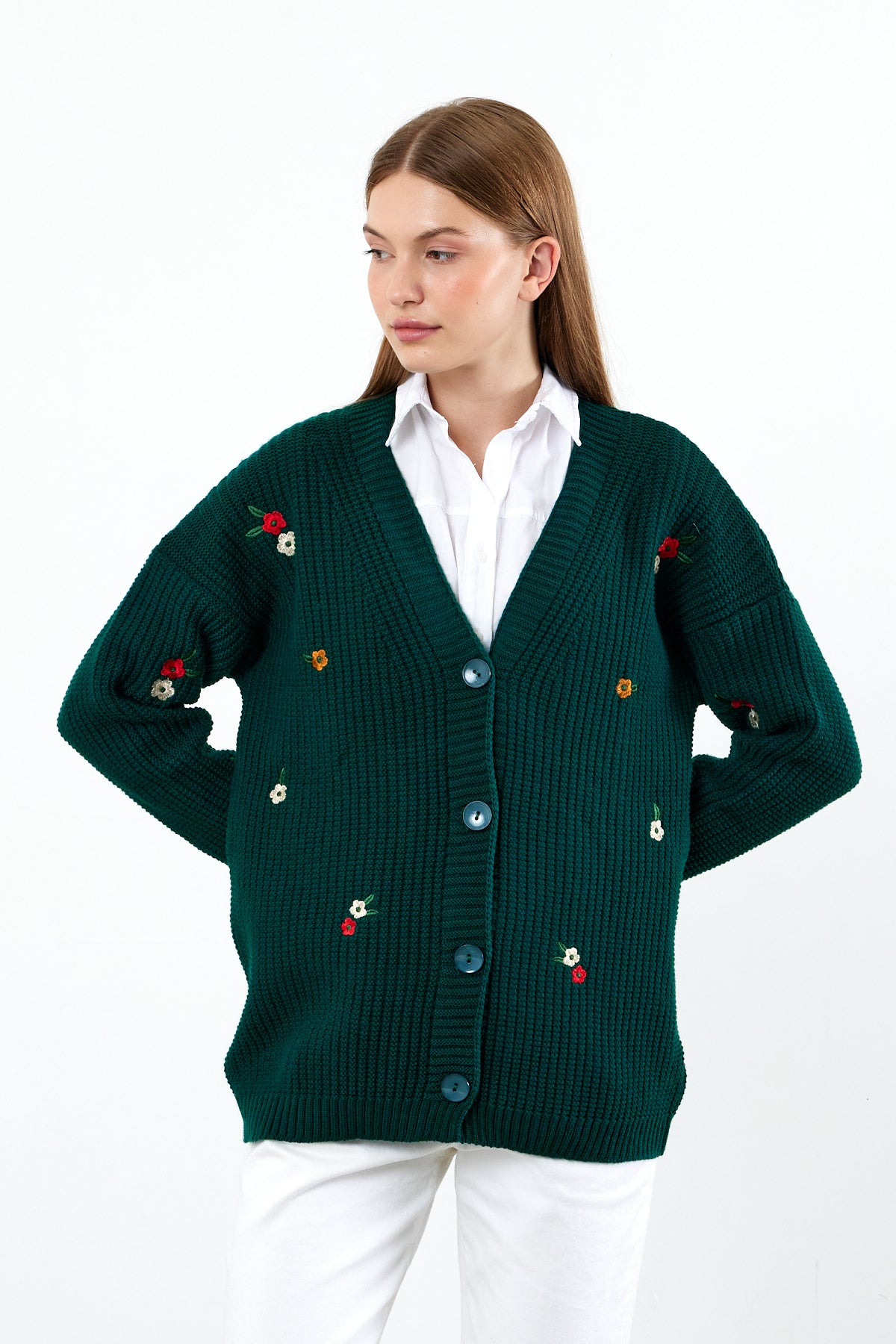Middle Length Knit Cardigan Flower Embroidery Detailed - SKU: 3830