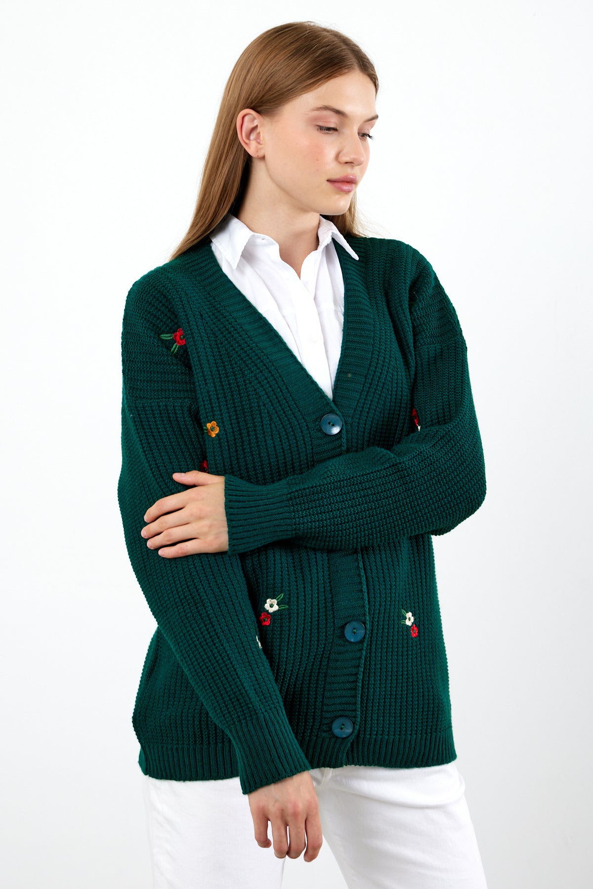 Middle Length Knit Cardigan Flower Embroidery Detailed - SKU: 3830