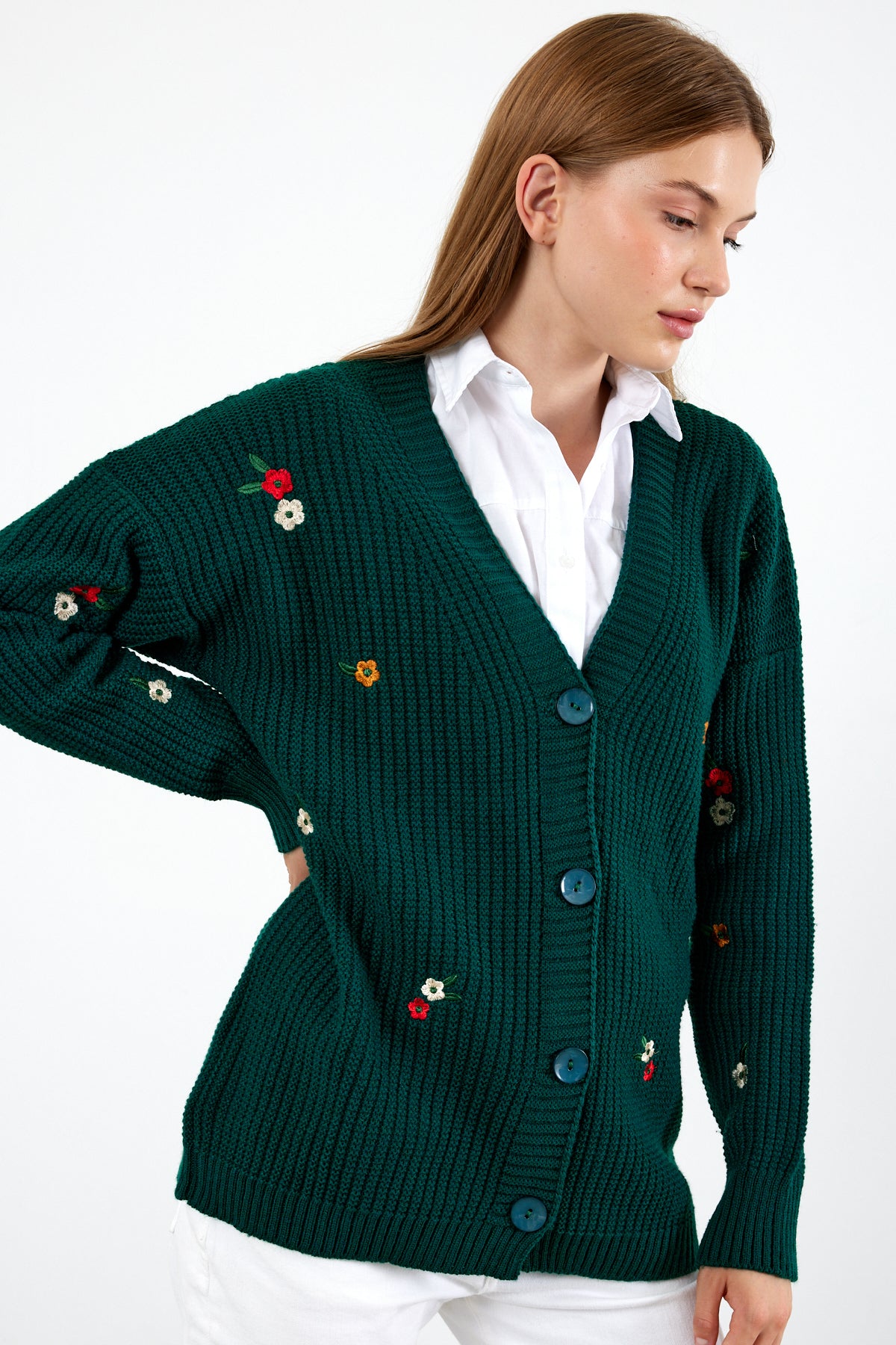 Middle Length Knit Cardigan Flower Embroidery Detailed - SKU: 3830