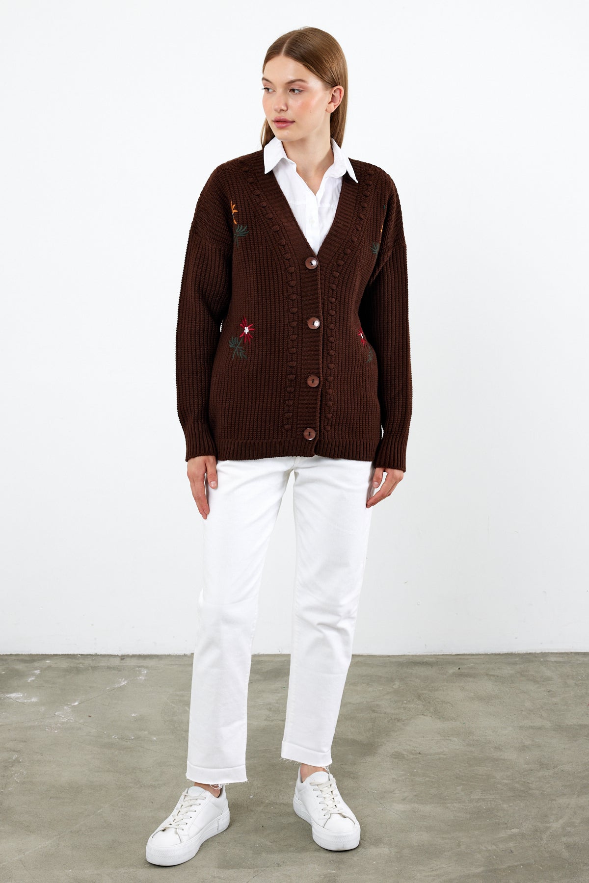 Flower Knitted Knit Cardigan Mid Length Knit Cardigan- SKU: 3810