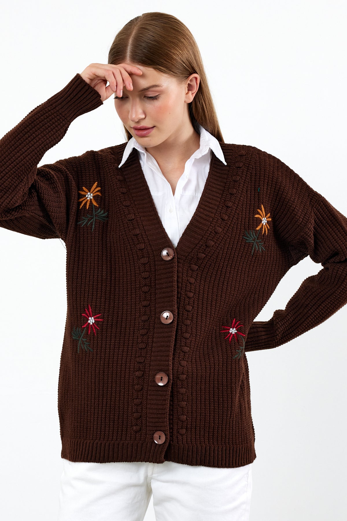 Flower Knitted Knit Cardigan Mid Length Knit Cardigan- SKU: 3810