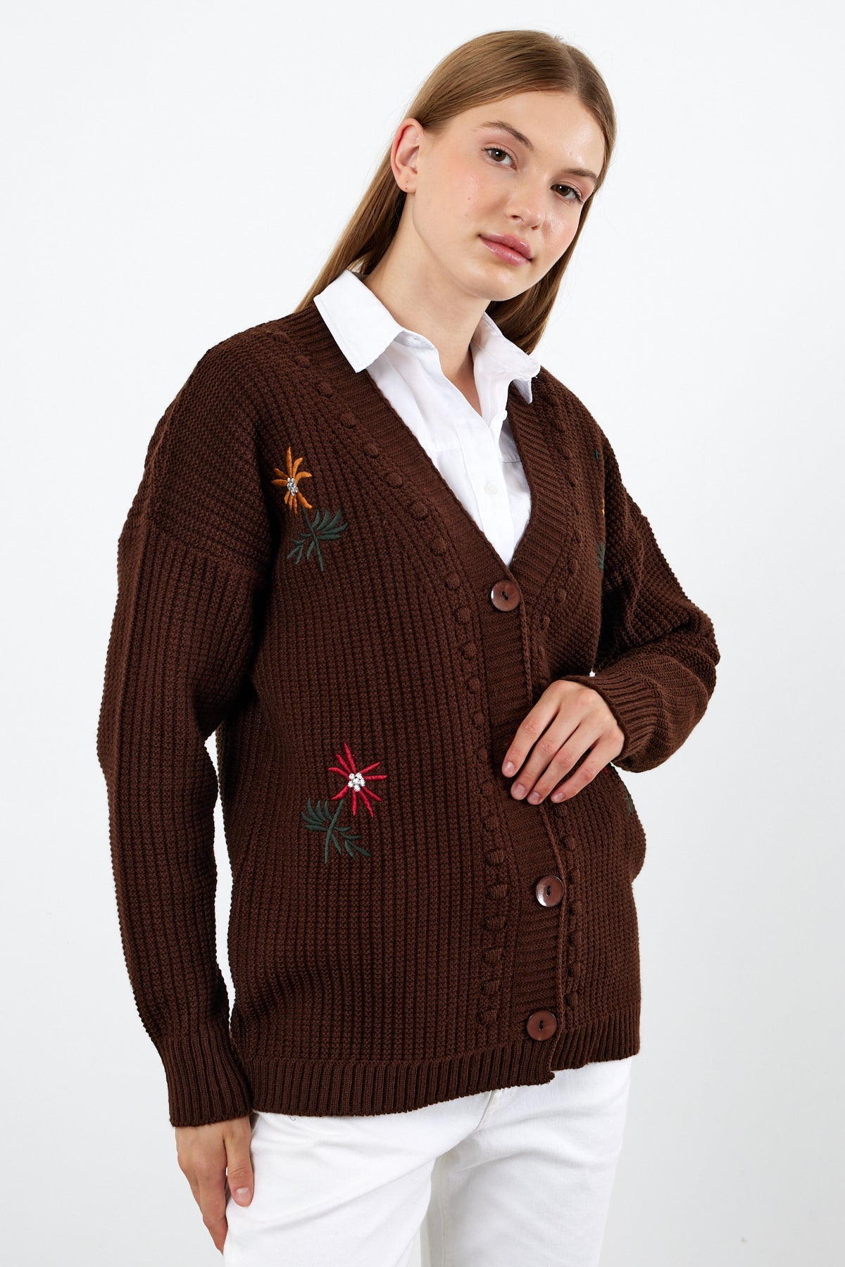 Flower Knitted Knit Cardigan Mid Length Knit Cardigan- SKU: 3810