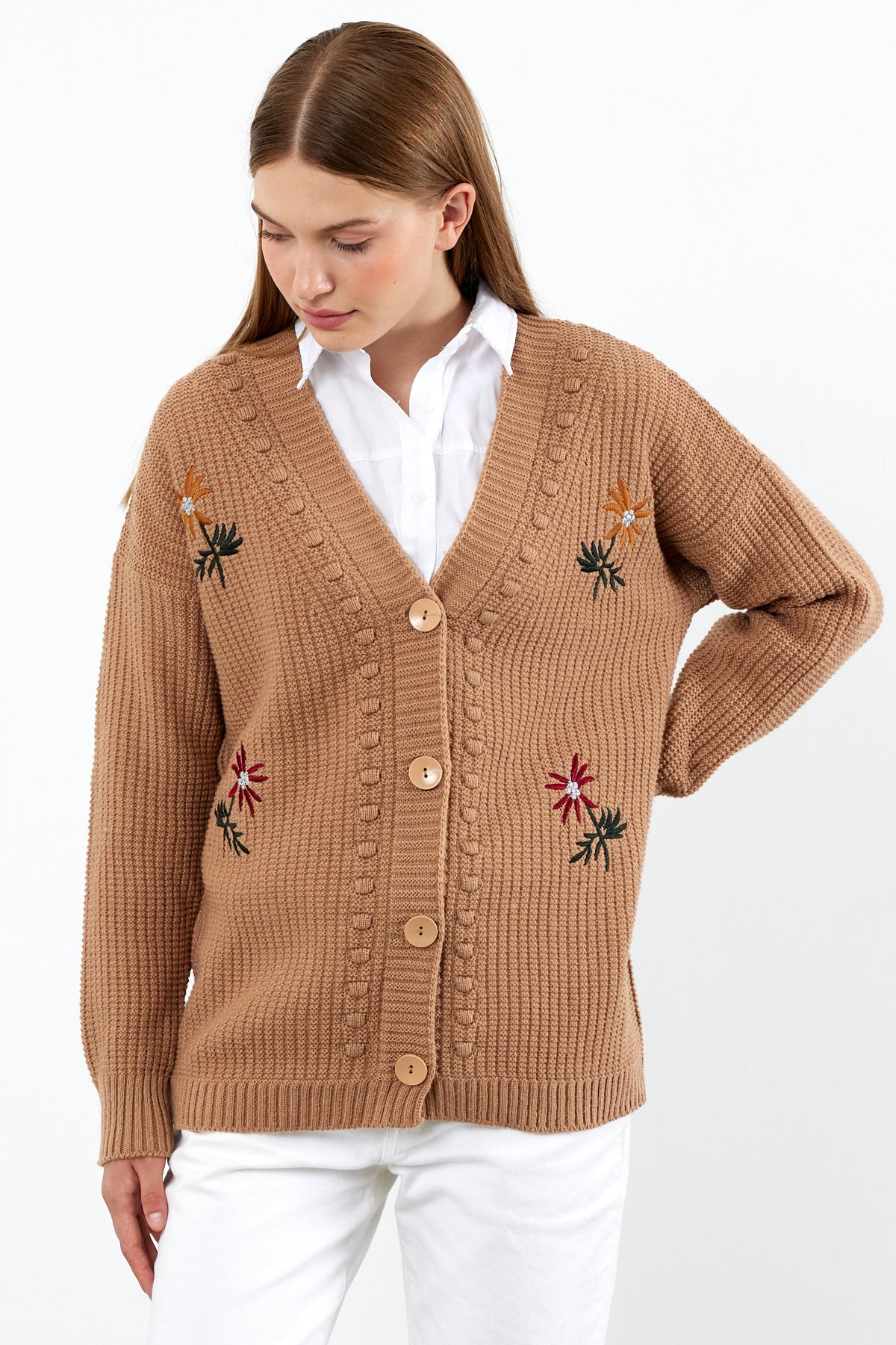 Flower Knitted Knit Cardigan Mid Length Knit Cardigan- SKU: 3810