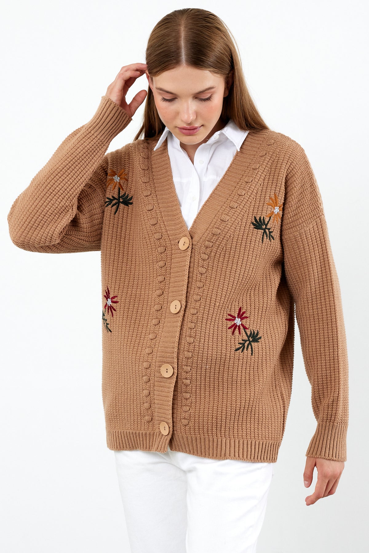 Flower Knitted Knit Cardigan Mid Length Knit Cardigan- SKU: 3810