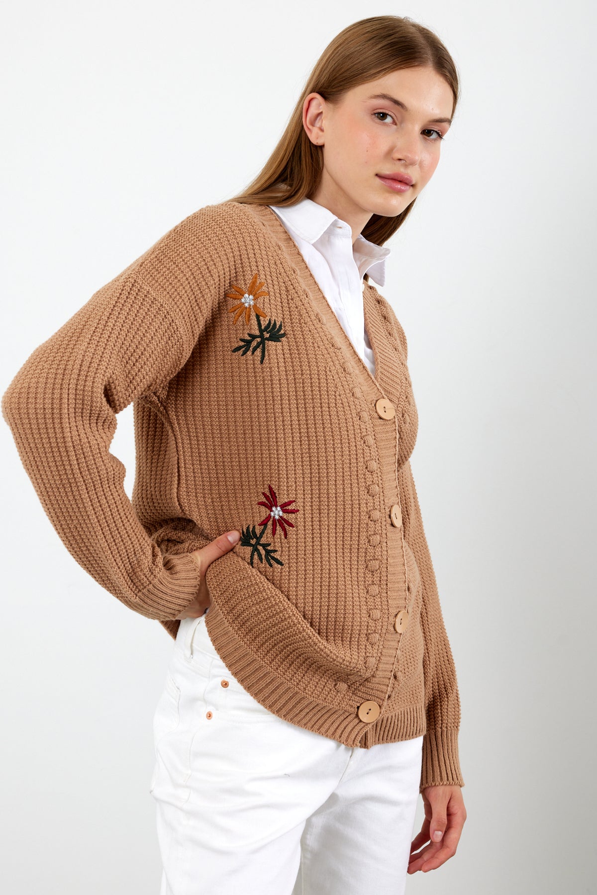 Flower Knitted Knit Cardigan Mid Length Knit Cardigan- SKU: 3810