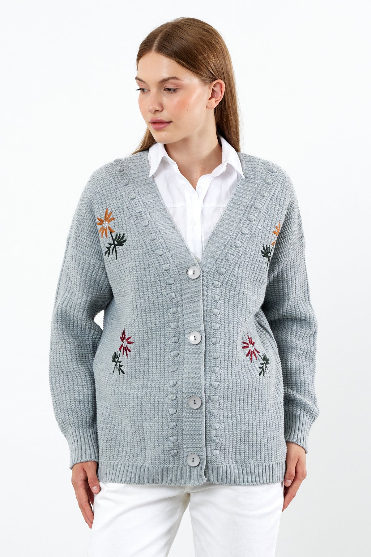 Flower Knitted Knit Cardigan Mid Length Knit Cardigan- SKU: 3810