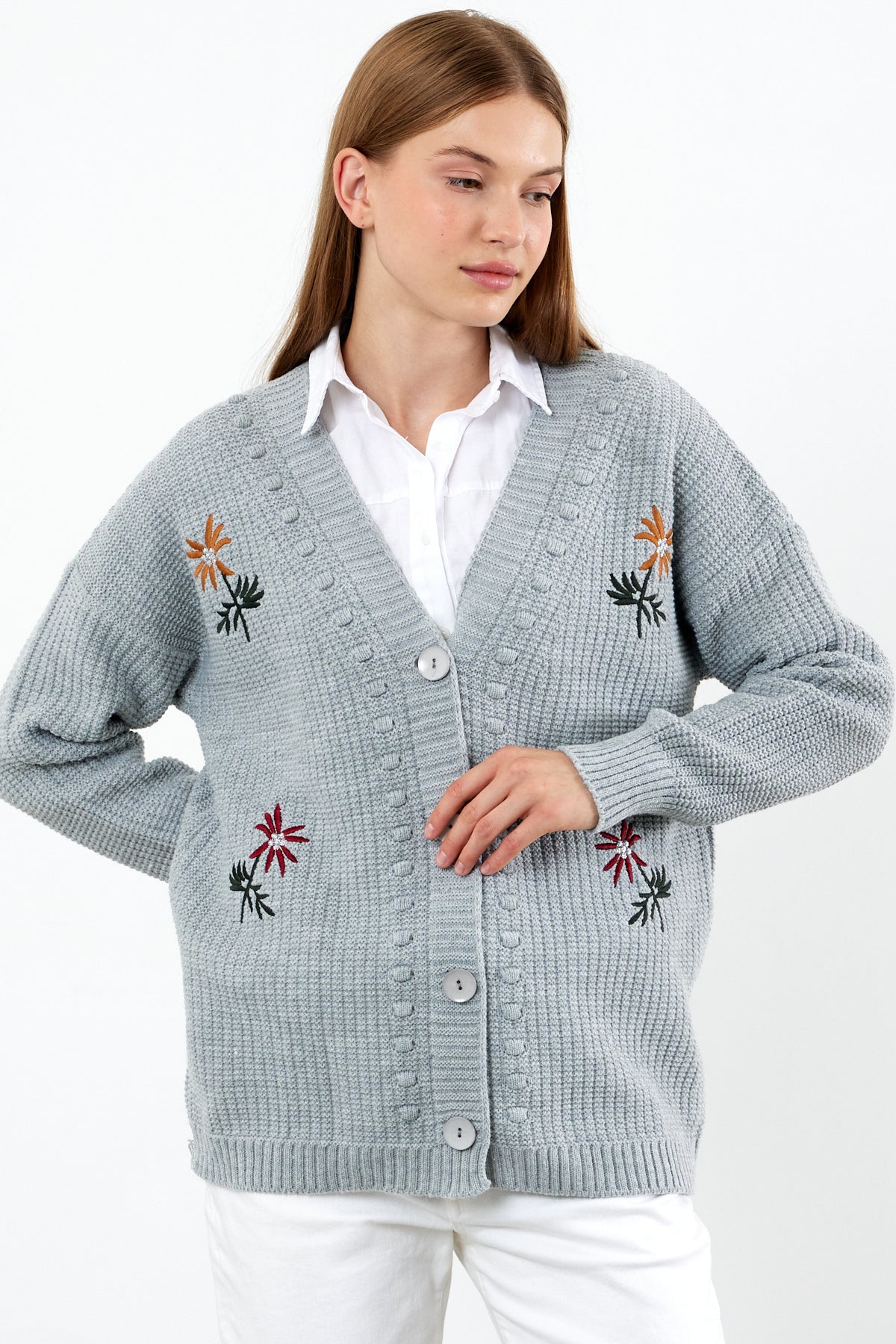 Flower Knitted Knit Cardigan Mid Length Knit Cardigan- SKU: 3810