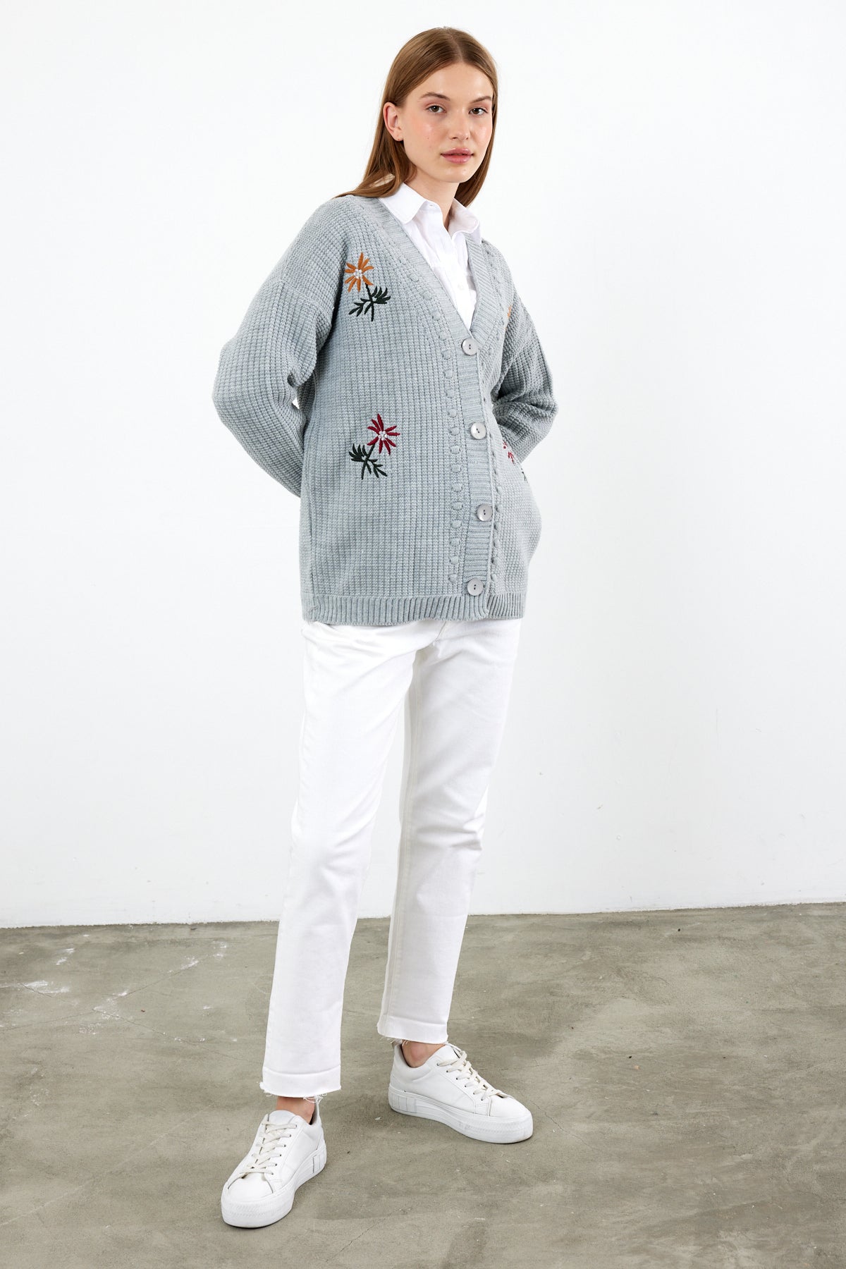 Flower Knitted Knit Cardigan Mid Length Knit Cardigan- SKU: 3810