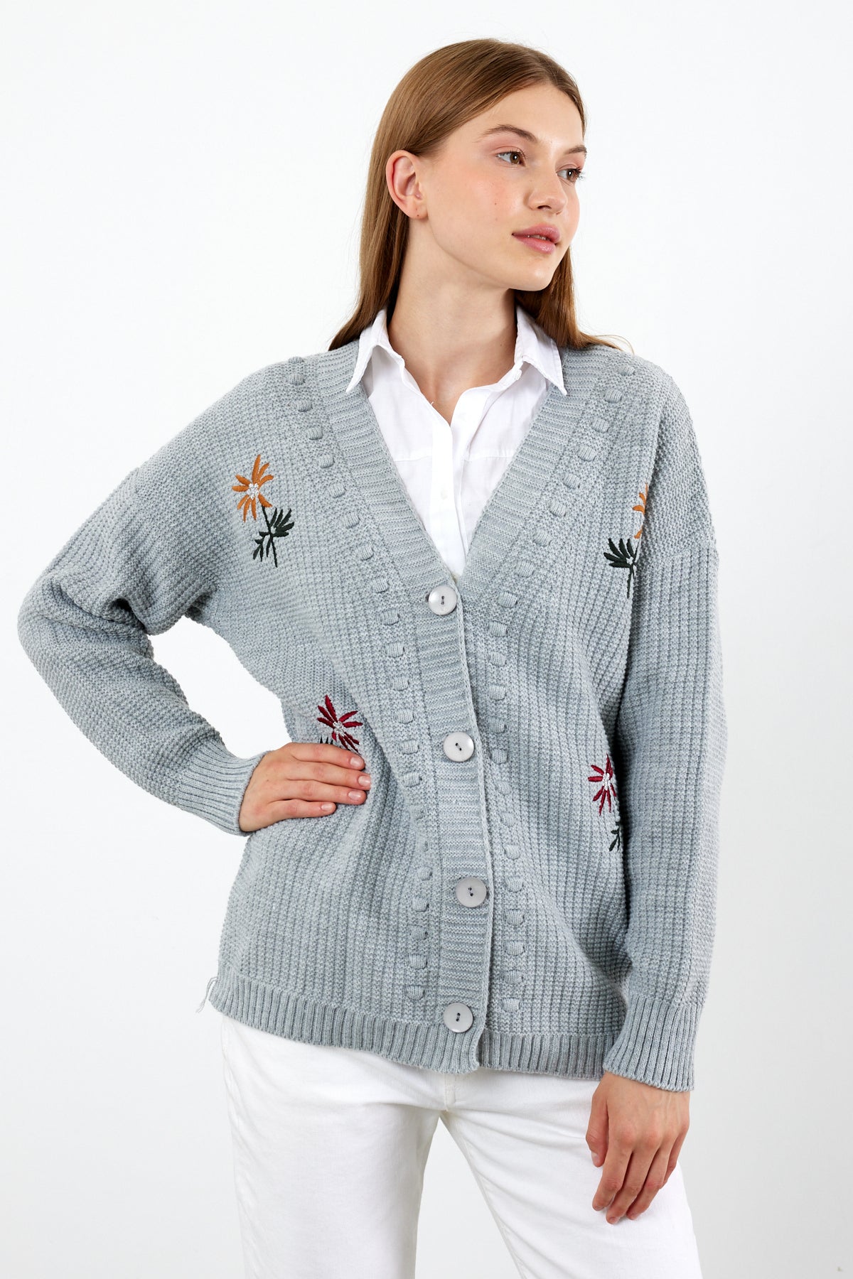 Flower Knitted Knit Cardigan Mid Length Knit Cardigan- SKU: 3810