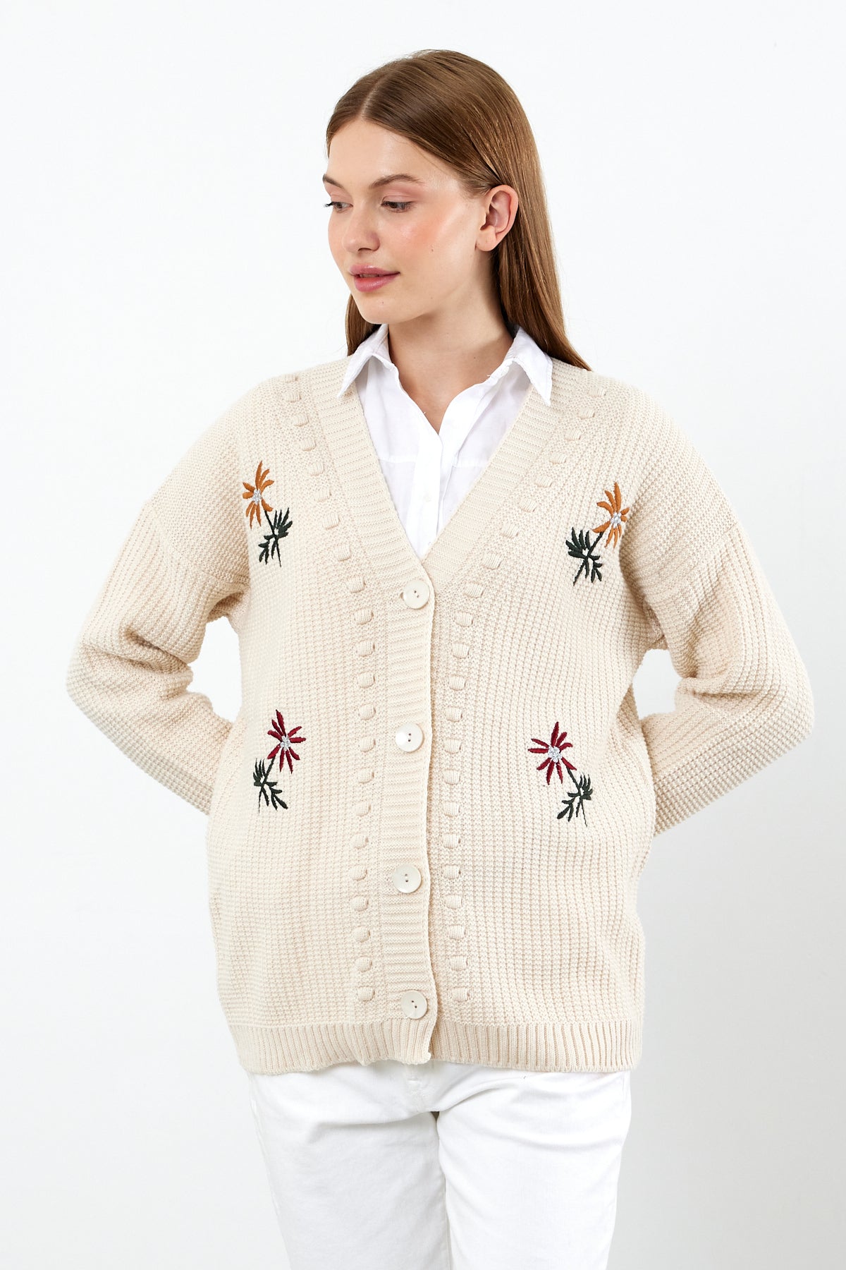 Flower Knitted Knit Cardigan Mid Length Knit Cardigan- SKU: 3810