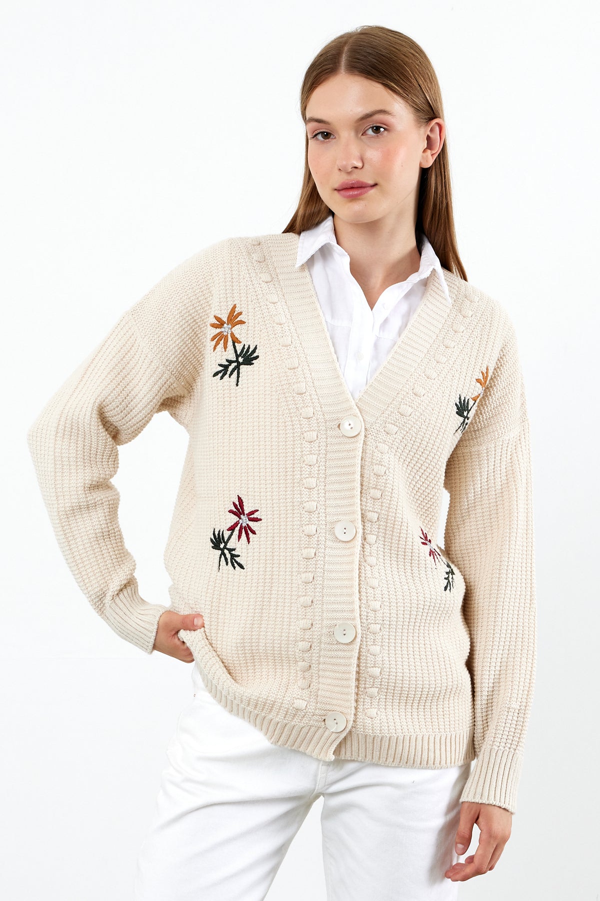 Flower Knitted Knit Cardigan Mid Length Knit Cardigan- SKU: 3810
