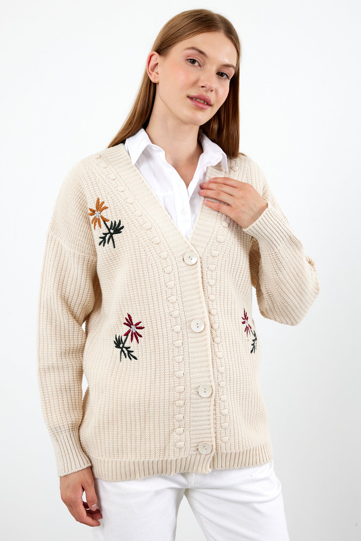 Flower Knitted Knit Cardigan Mid Length Knit Cardigan- SKU: 3810