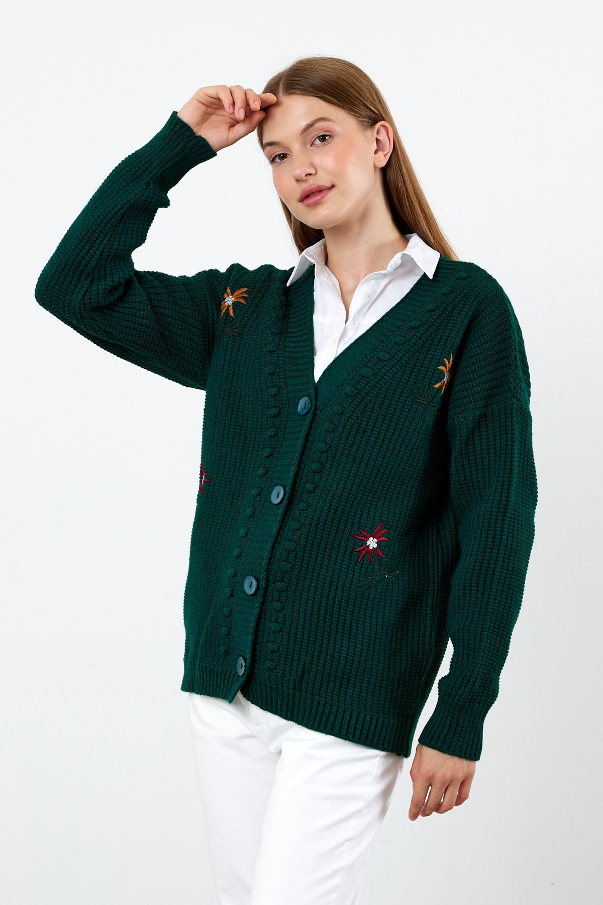 Flower Knitted Knit Cardigan Mid Length Knit Cardigan- SKU: 3810