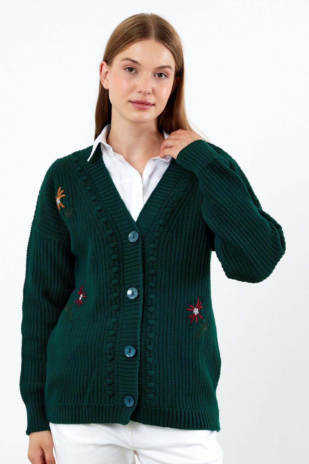 Flower Knitted Knit Cardigan Mid Length Knit Cardigan- SKU: 3810