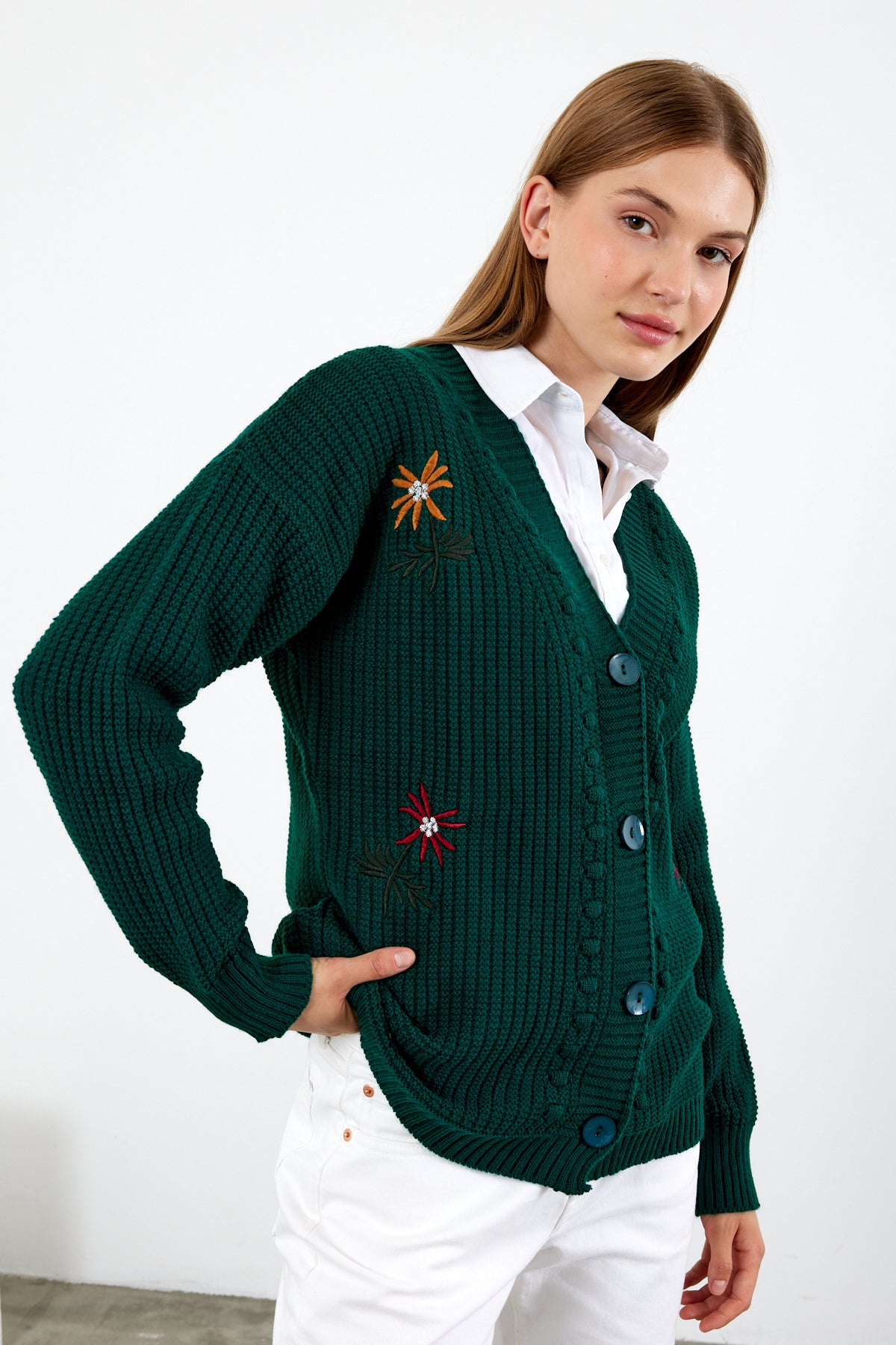 Flower Knitted Knit Cardigan Mid Length Knit Cardigan- SKU: 3810