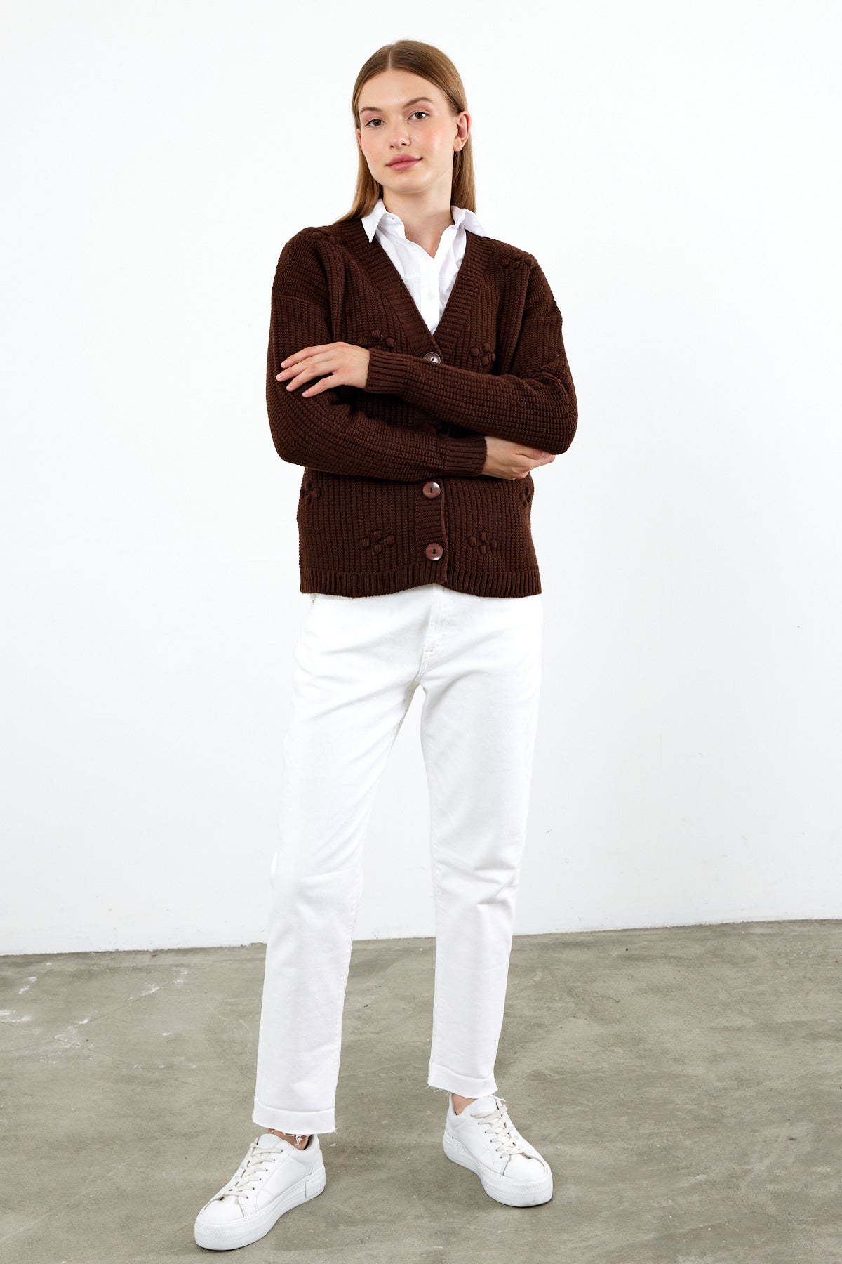 Short Knit Cardigan Solid Color Knit Detailed - SKU: 4002