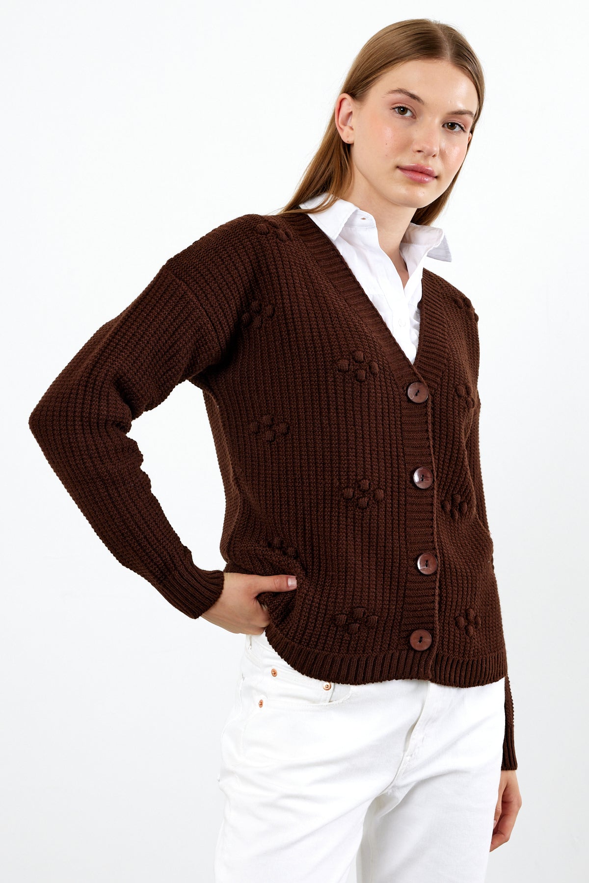 Short Knit Cardigan Solid Color Knit Detailed - SKU: 4002