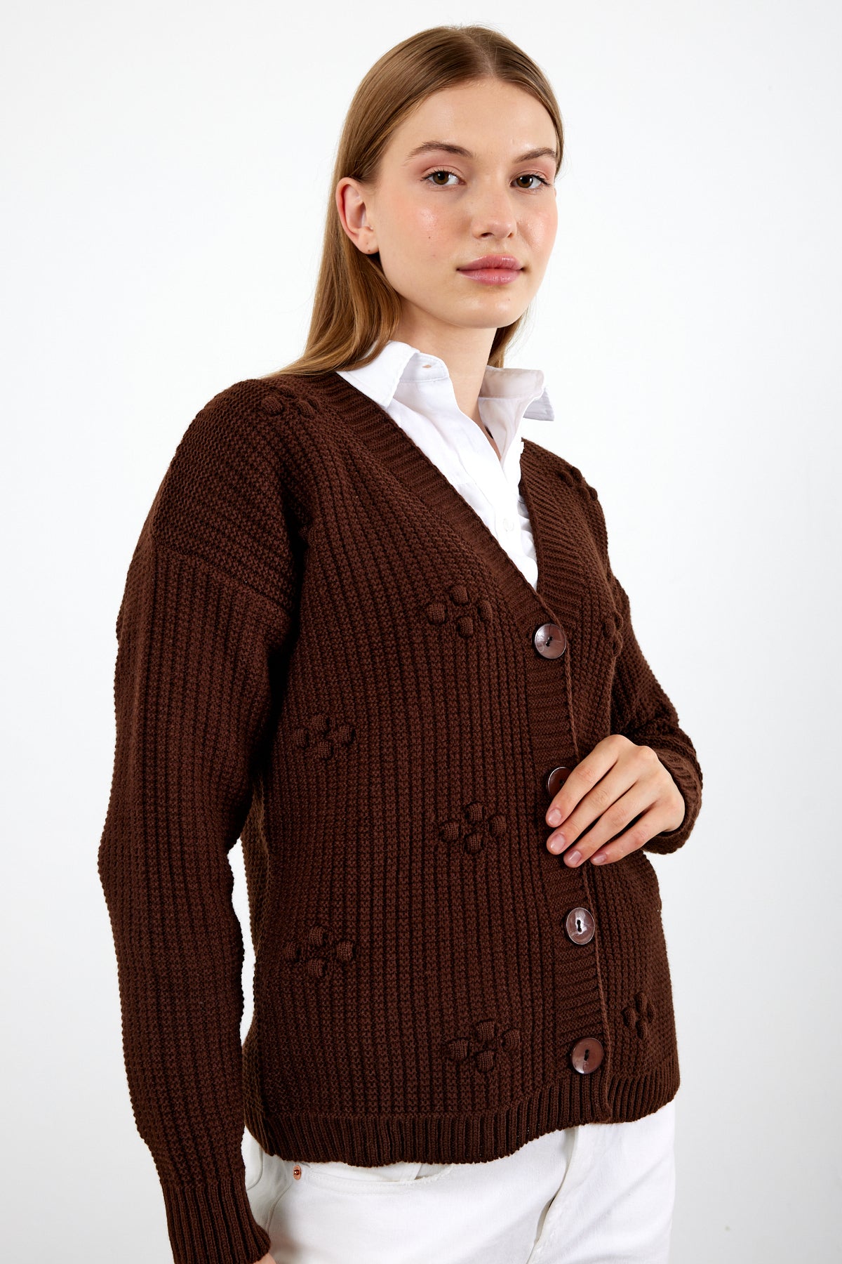 Short Knit Cardigan Solid Color Knit Detailed - SKU: 4002