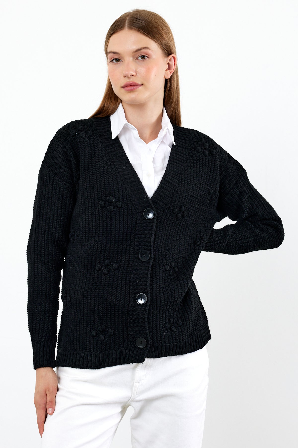 Short Knit Cardigan Solid Color Knit Detailed - SKU: 4002